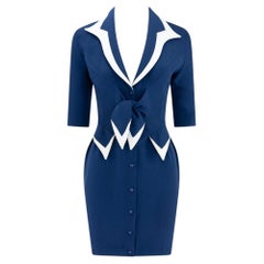 Resort 1993 Thierry Mugler Runway Navy Blue Tie-Front White Trim Dress