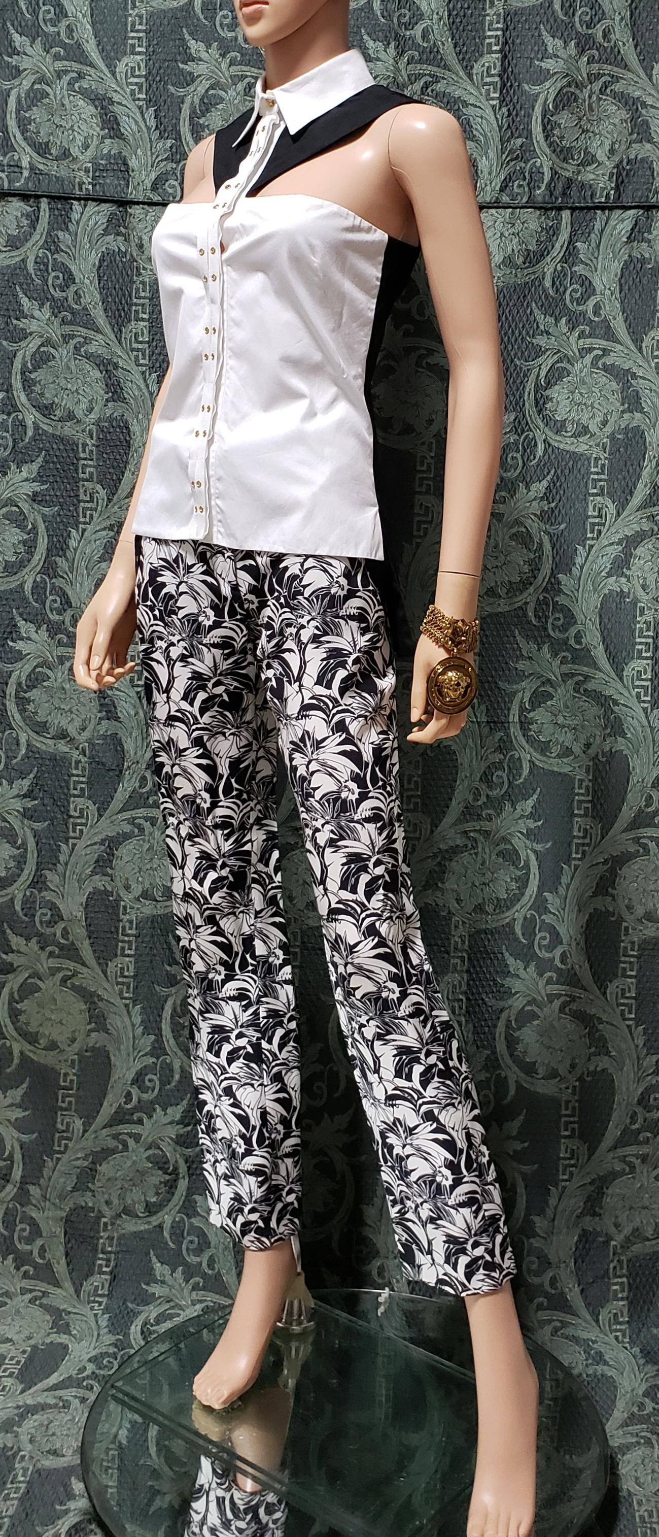 Gray Resort 2012 L#6 NEW VERSACE FLORAL BLACK and WHITE SILK COTTON PANTS SUIT 38 - 2 For Sale