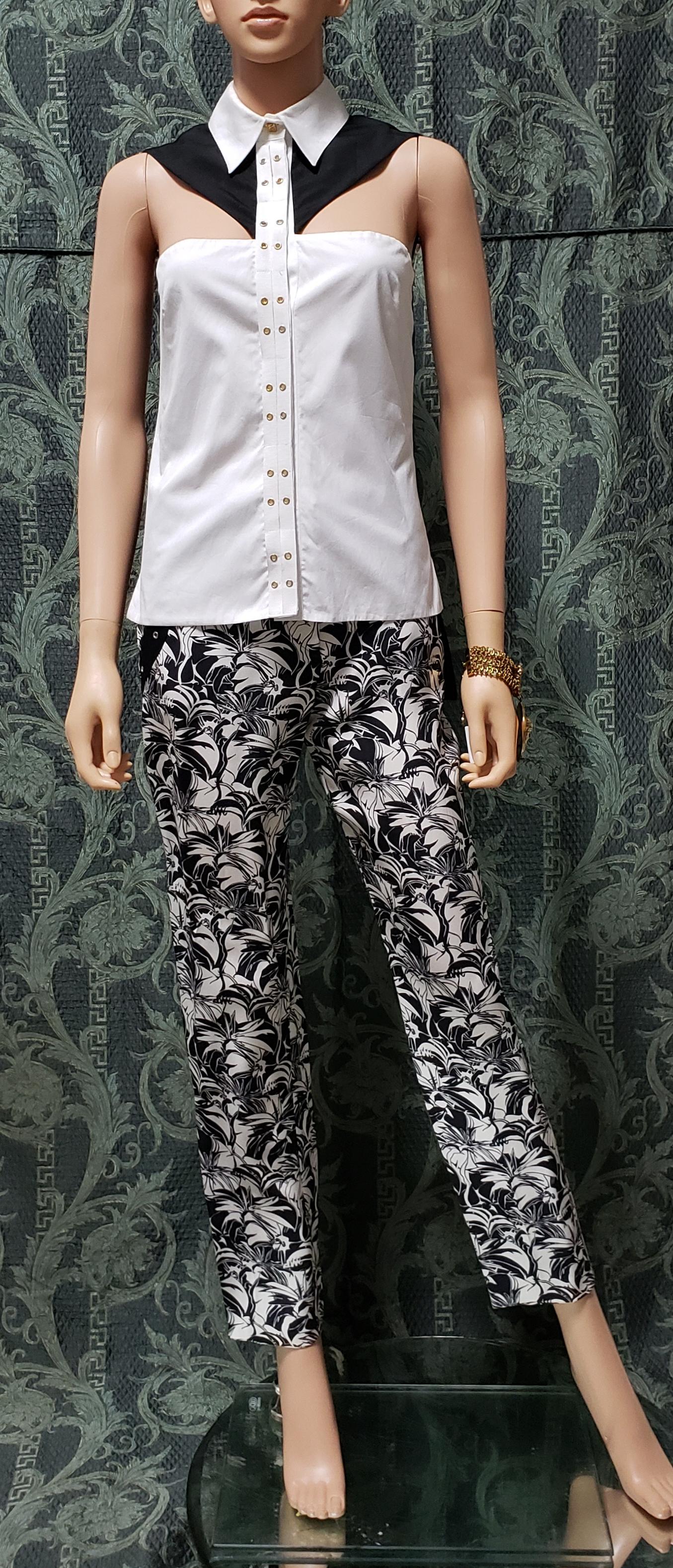 Resort 2012 L#6 NEW VERSACE FLORAL BLACK and WHITE SILK COTTON PANTS SUIT 38 - 2 For Sale 4