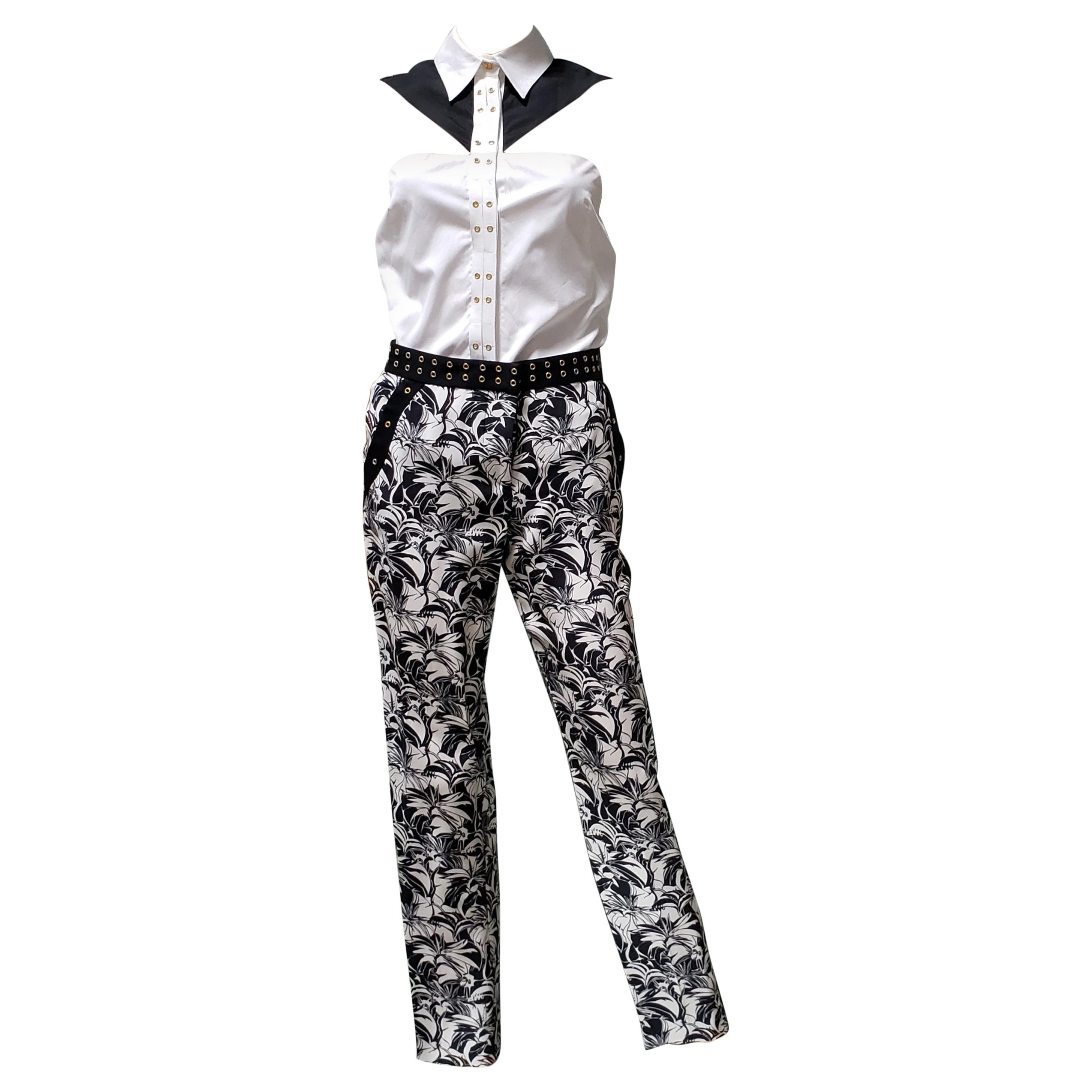 Resort 2012 L#6 NEW VERSACE FLORAL BLACK and WHITE SILK COTTON PANTS SUIT 38 - 2 For Sale