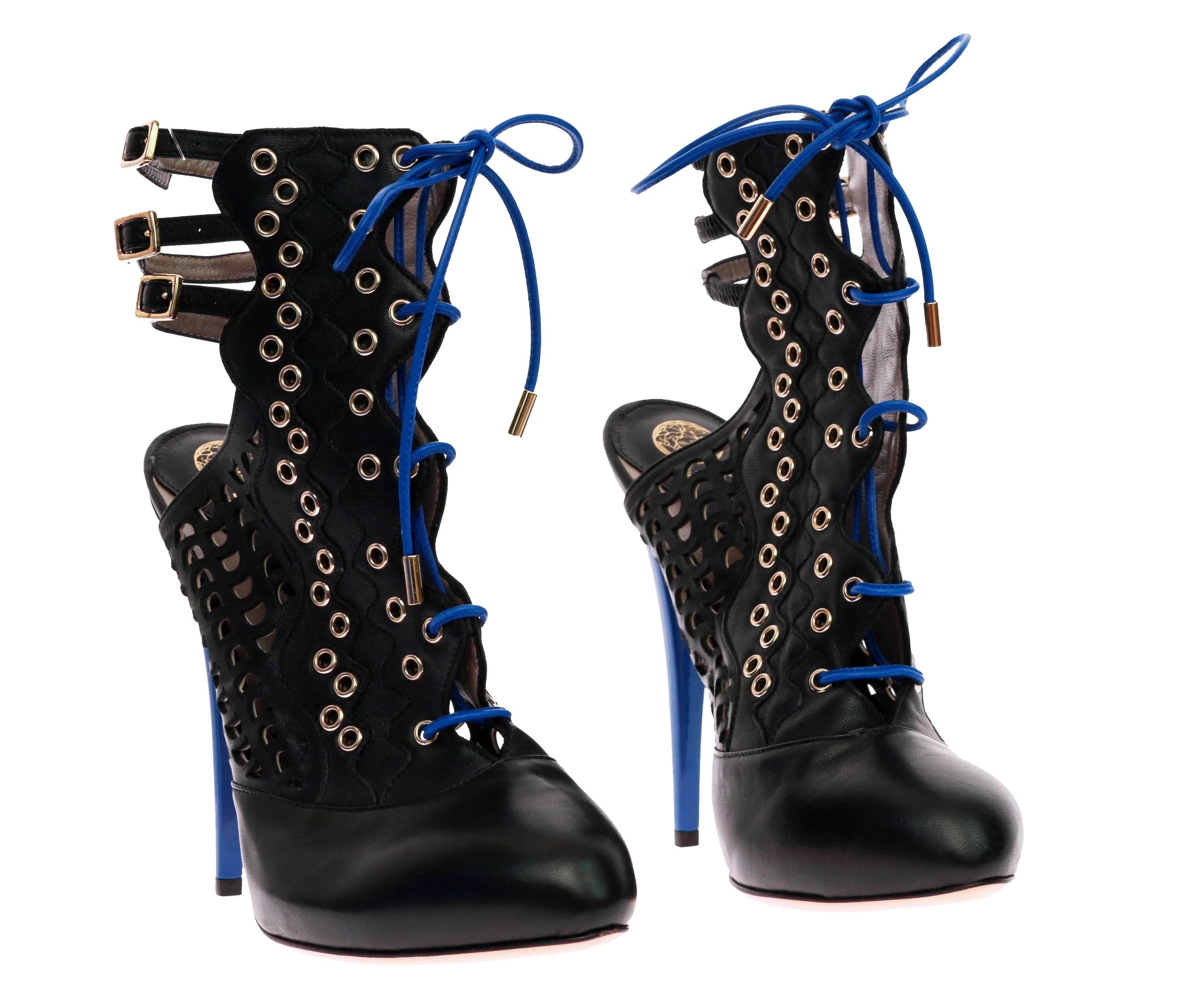 Resort 2012 look # 13 NEW VERSACE BLACK PERFORATED LEATHER ANKLE BOOTS 39 - 9 For Sale 1
