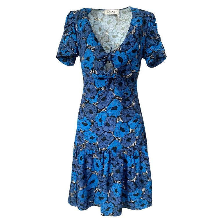 Resort 2012 Yves Saint Laurent Tie Front Blue Print Crepe Dress For ...