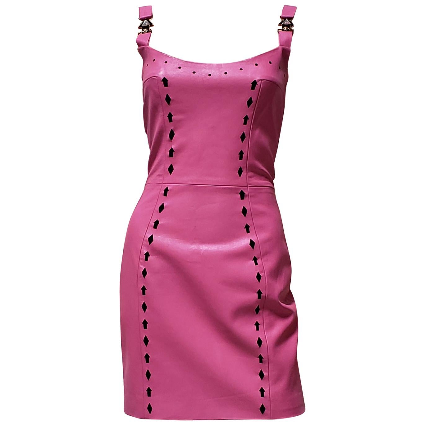 pink leather mini dress