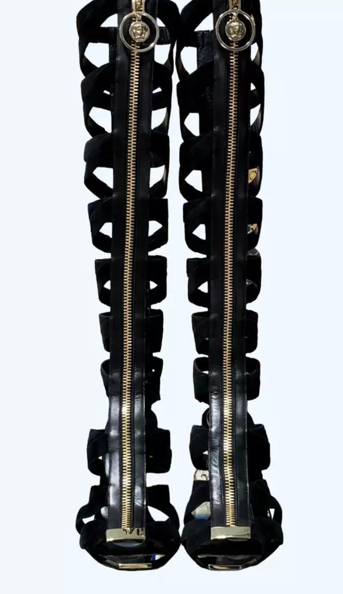 Women's Resort 2015 Look #10 Versace Black Suede Sandal Gladiator Boots with Medusa 38-8 For Sale