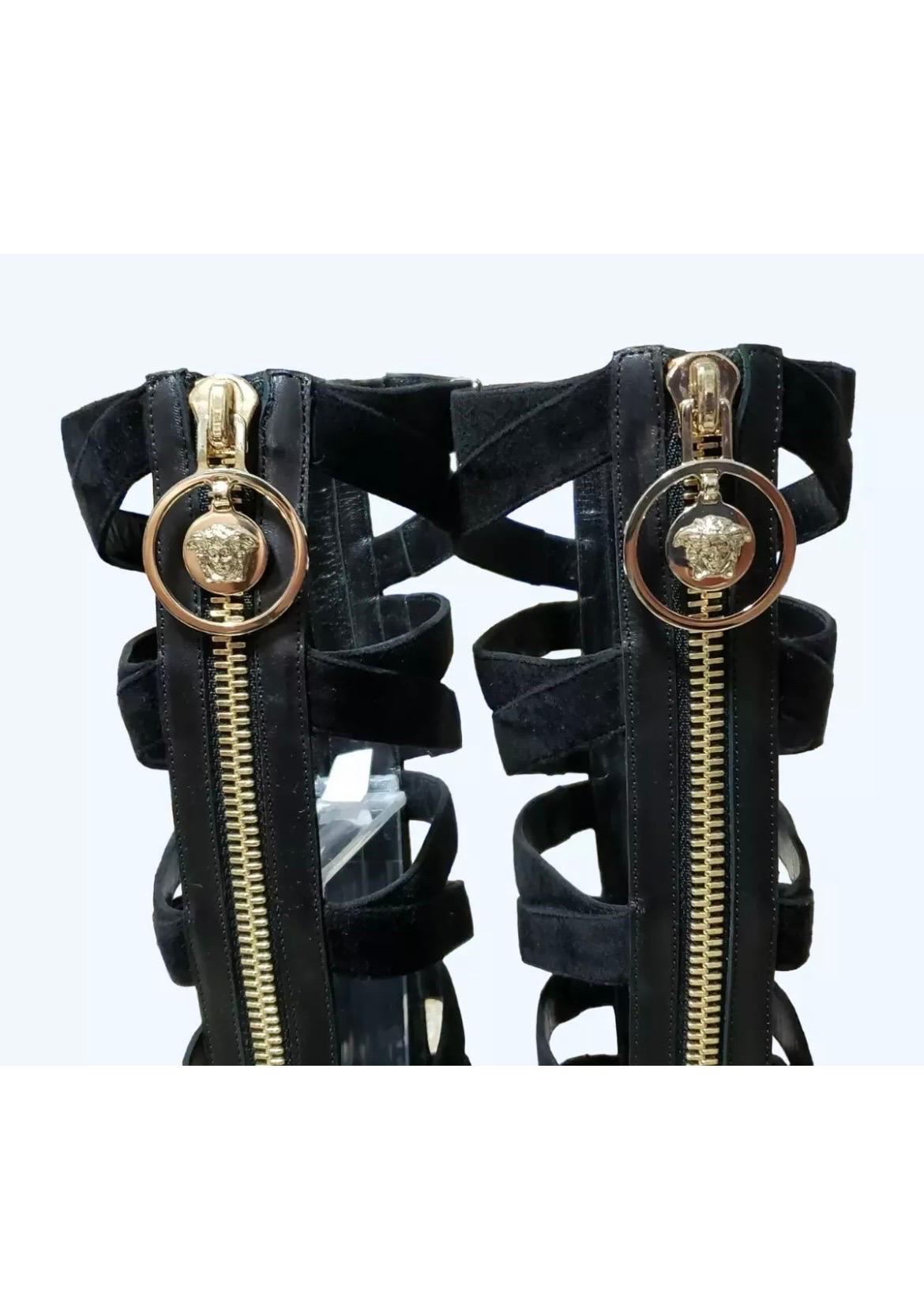 Resort 2015 Look #10 Versace Black Suede Sandal Gladiator Boots with Medusa 38-8 For Sale 2