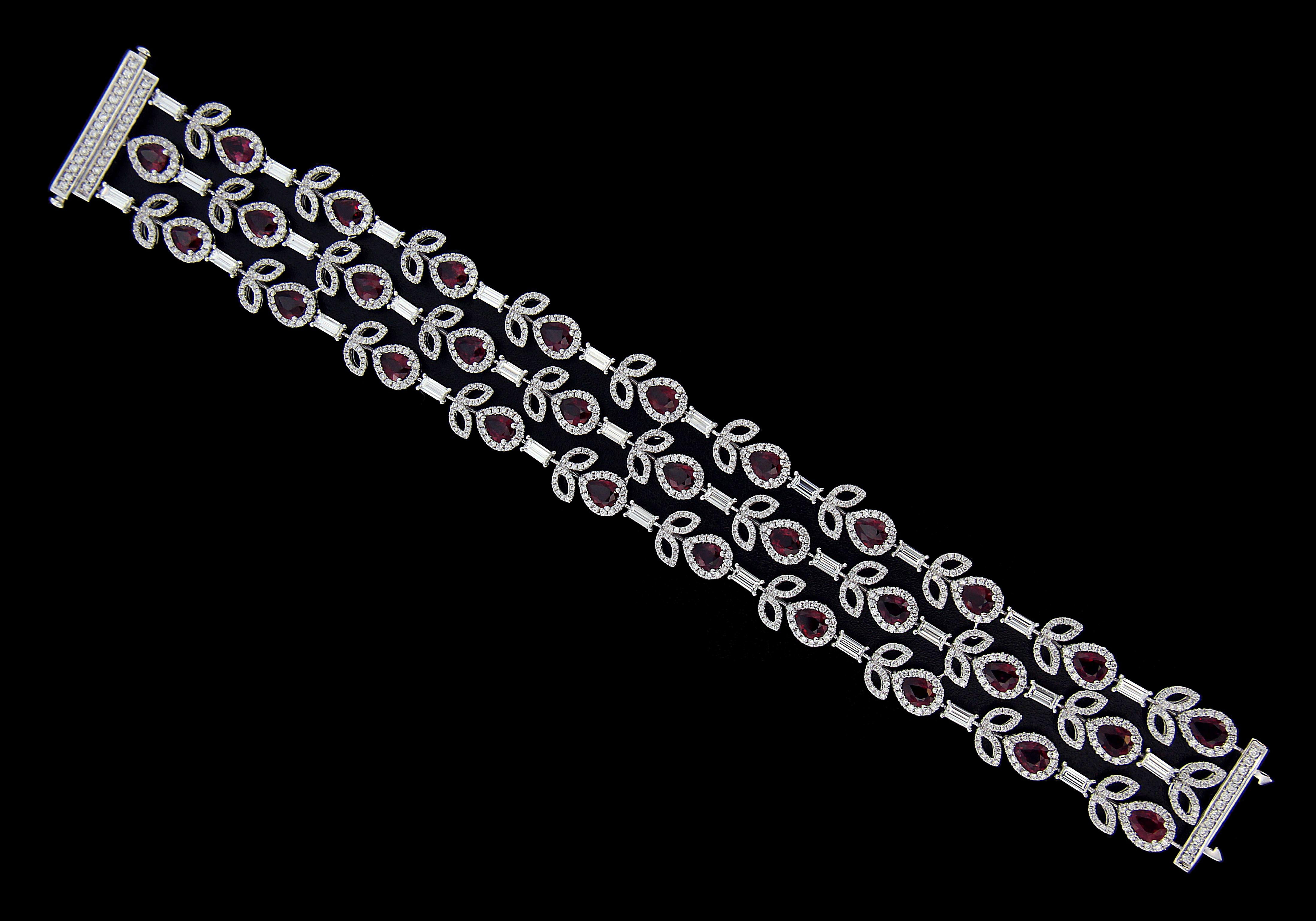 Pear Cut Resplendent 18 Karat White Gold, Diamond and Ruby Bracelet For Sale