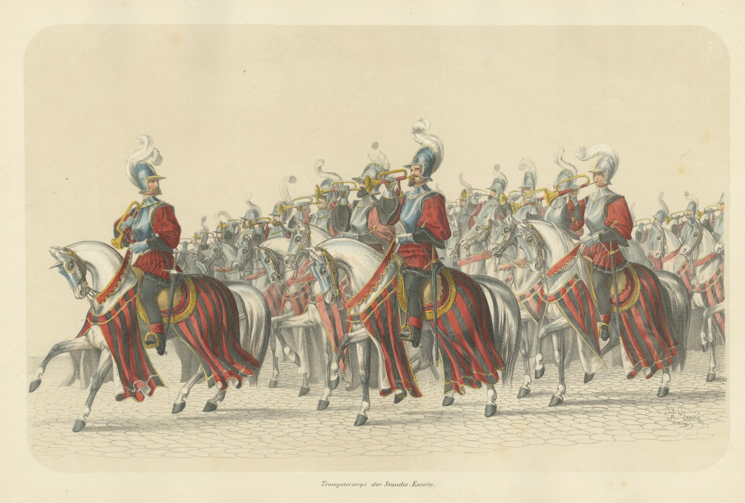 Title: Resplendent Cavalry Fanfare – Trumpet Corps of the Swiss States’ Escort in 1853  

Description: This stunning hand-colored lithograph is part of the *Fest Album Celebrating Bern’s Entry into the Swiss Confederation on March 6, 1353,