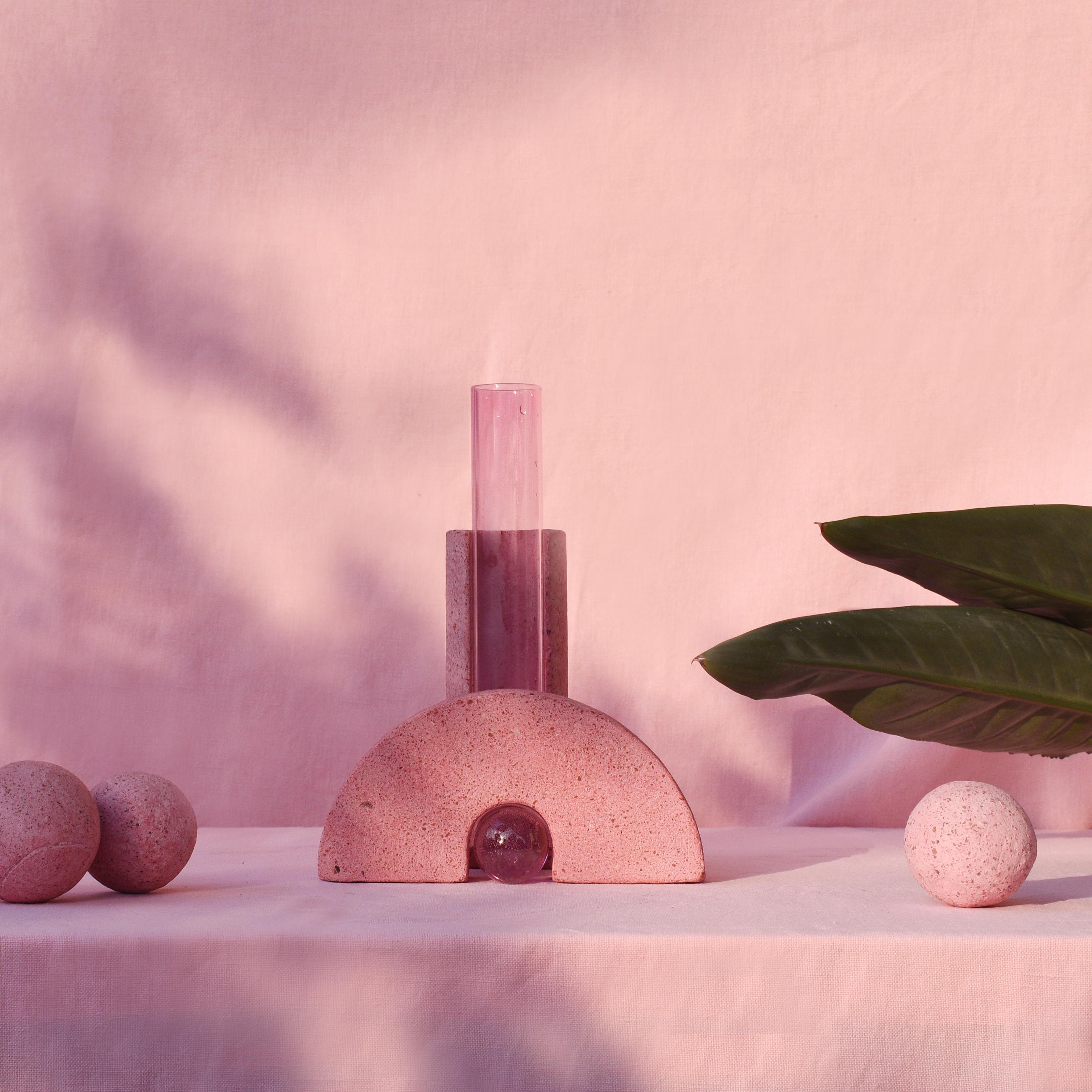 Contemporary Responsibly Handcrafted Pink Stone & Glass Vase by COKI For Sale
