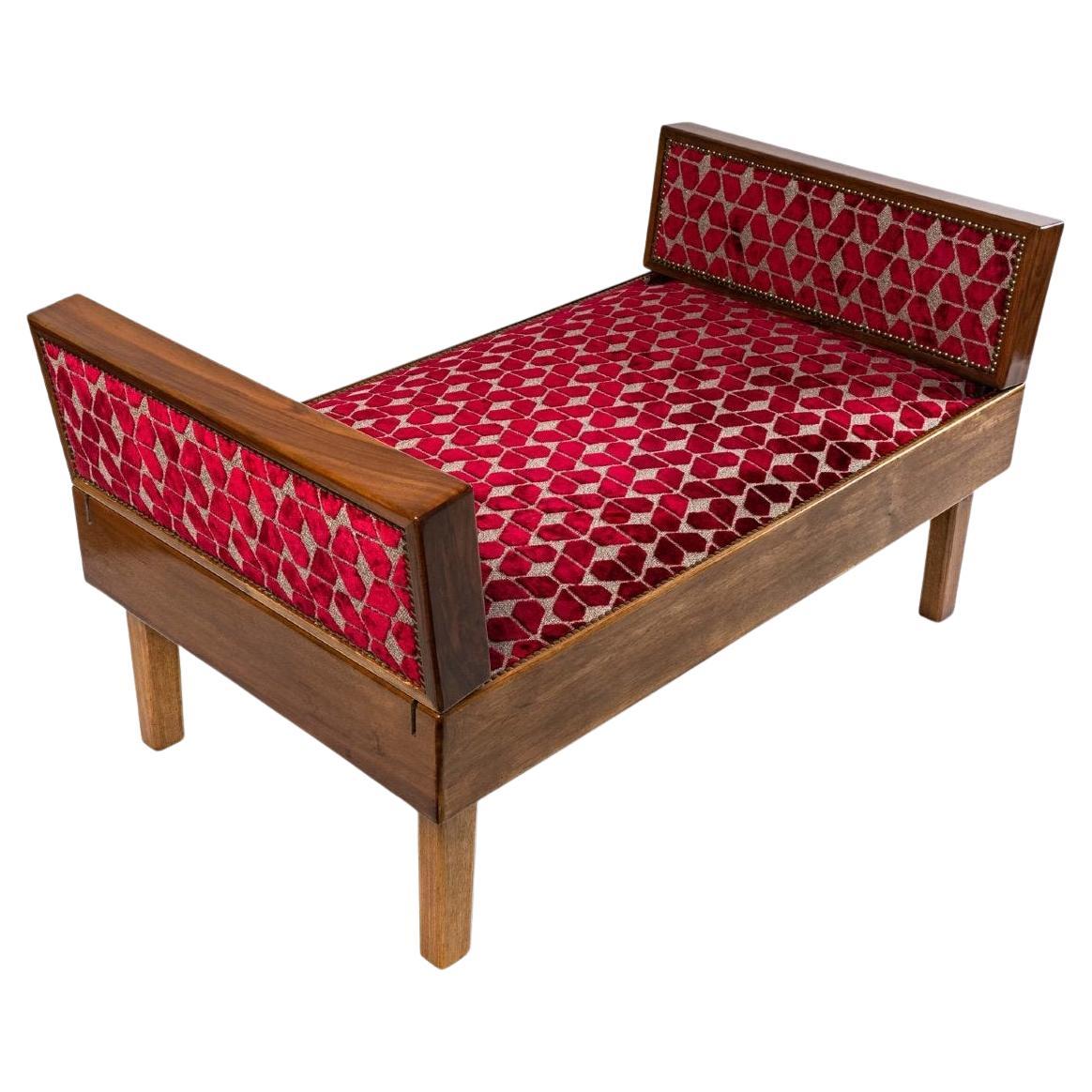 Rest Bed, Mobile Armrests, Golden Walnut and Beech, Fabric Maison Casal Period For Sale