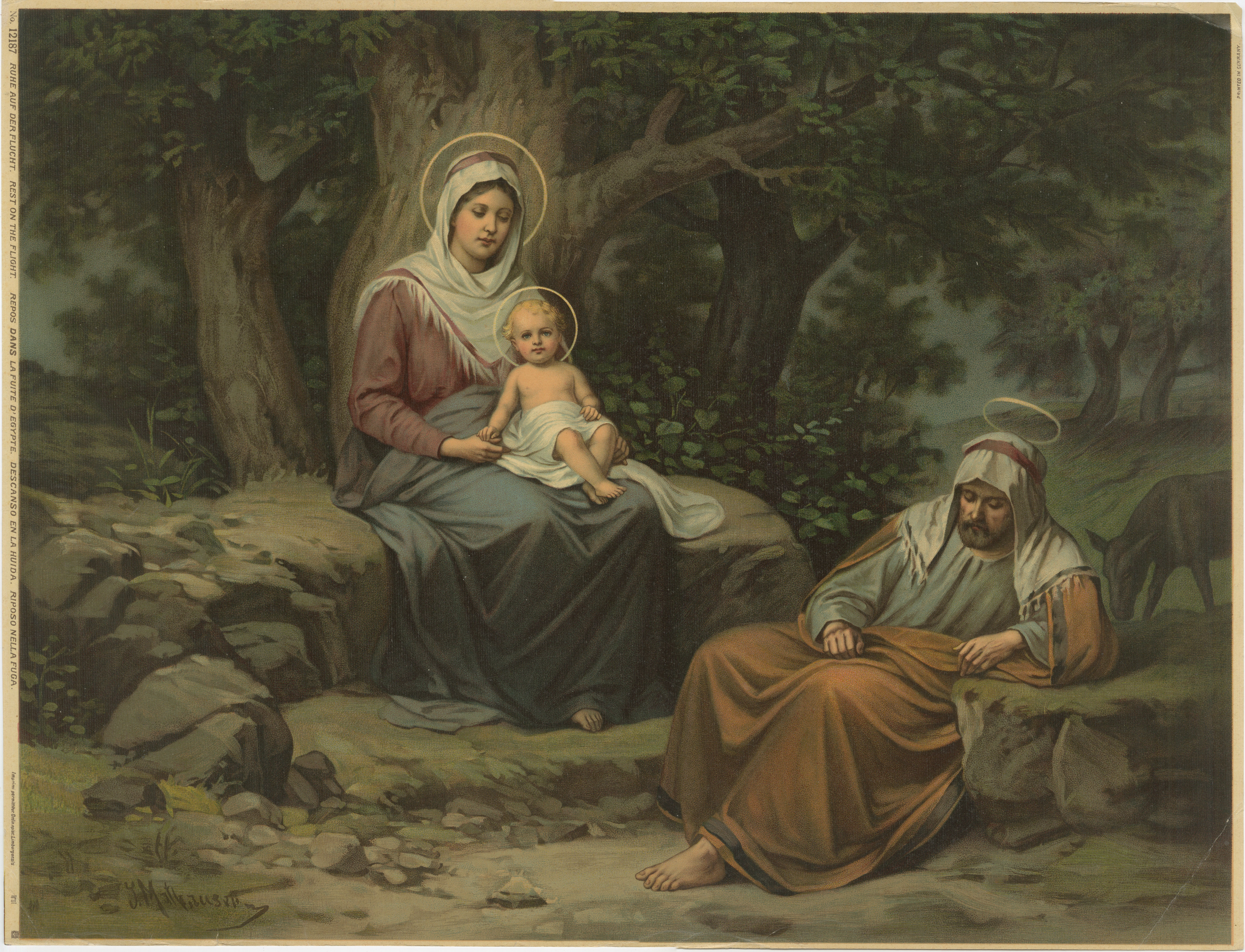 Rast auf der Flucht nach Ägypten - Antike deutsche Chromolithographie, 1900