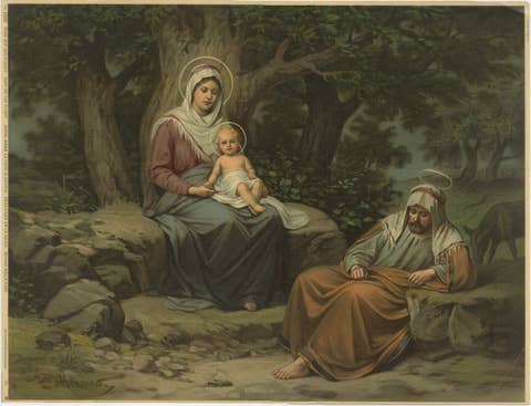 Rest on the Flight into Egypt – Antique German Chromolithograph, 1900