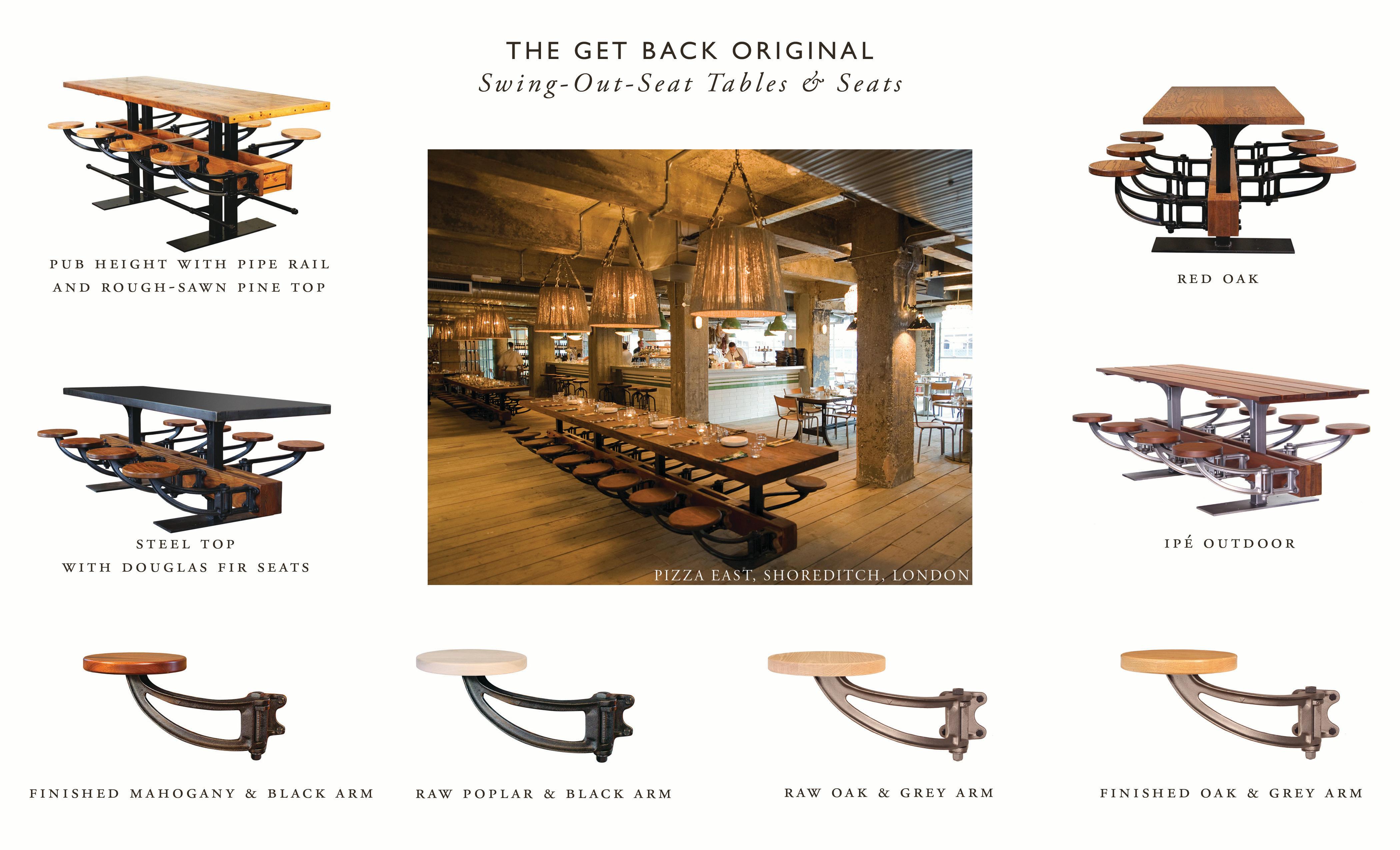 Restaurant / Cafeteria / Conference / Communal Industrial style dining table. Built with cast iron swing out seats, steel pedestals, and a steel, glass or wood top, with any number of seats. Can also be built to bar height. When the seats are fully