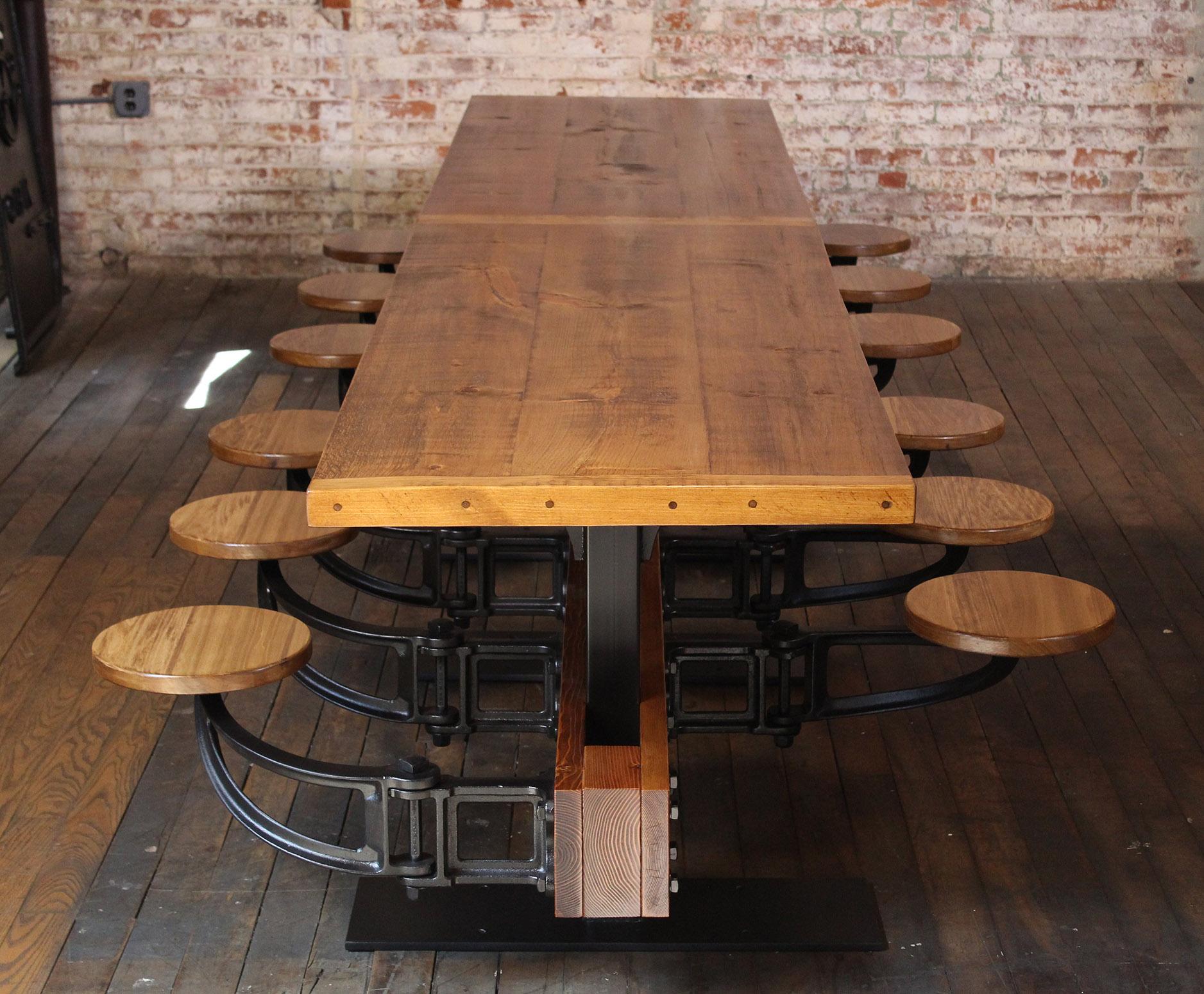 Contemporary Restaurant Dining Table with Attached Swing Out Seats For Sale