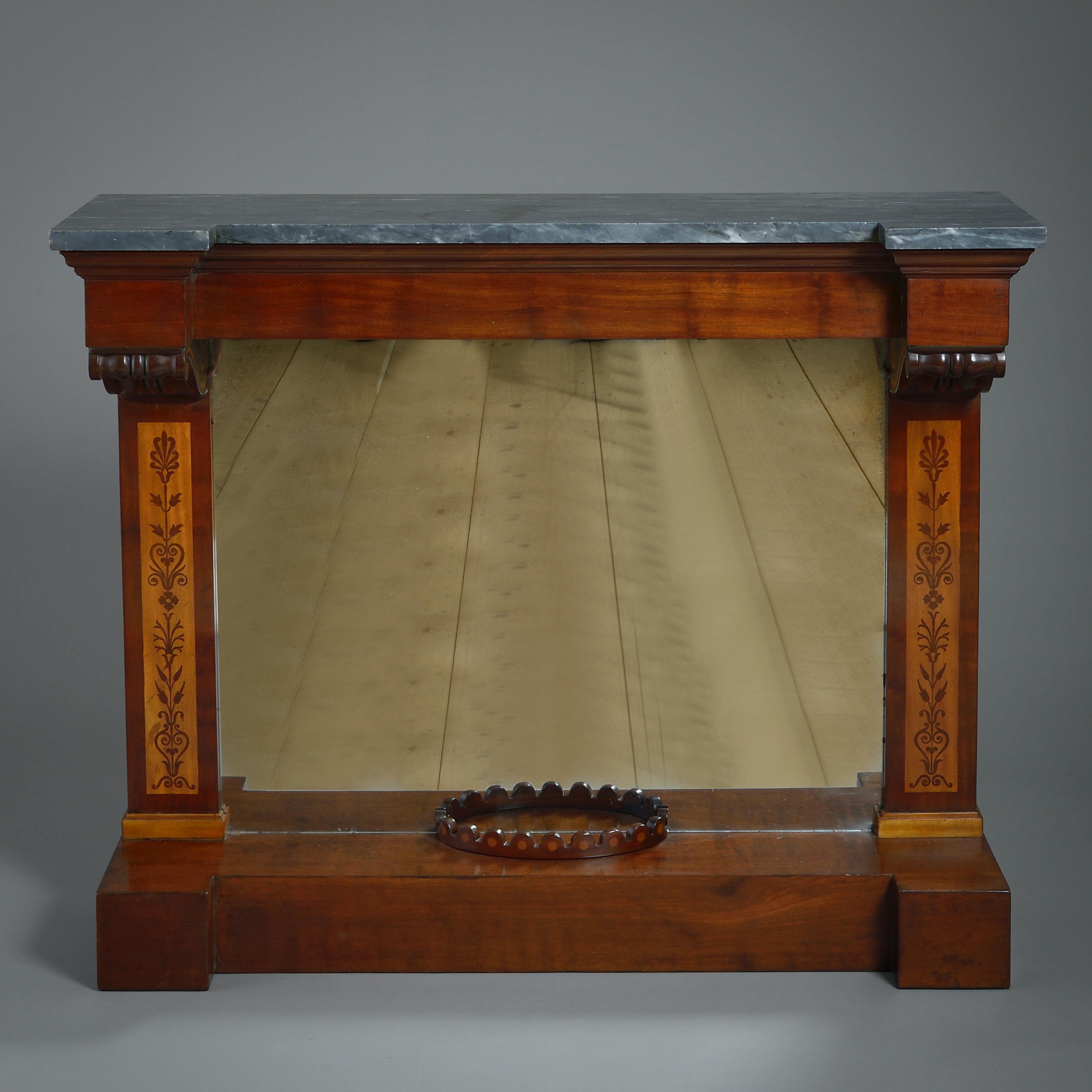 A restoration mahogany and bois Clair marquetry console table by Jacob-Desmalter, circa 1825.

With original inverted breakfront Bardiglio marble top and with original mercury-gilt mirror plate below. Stamped JACOB.