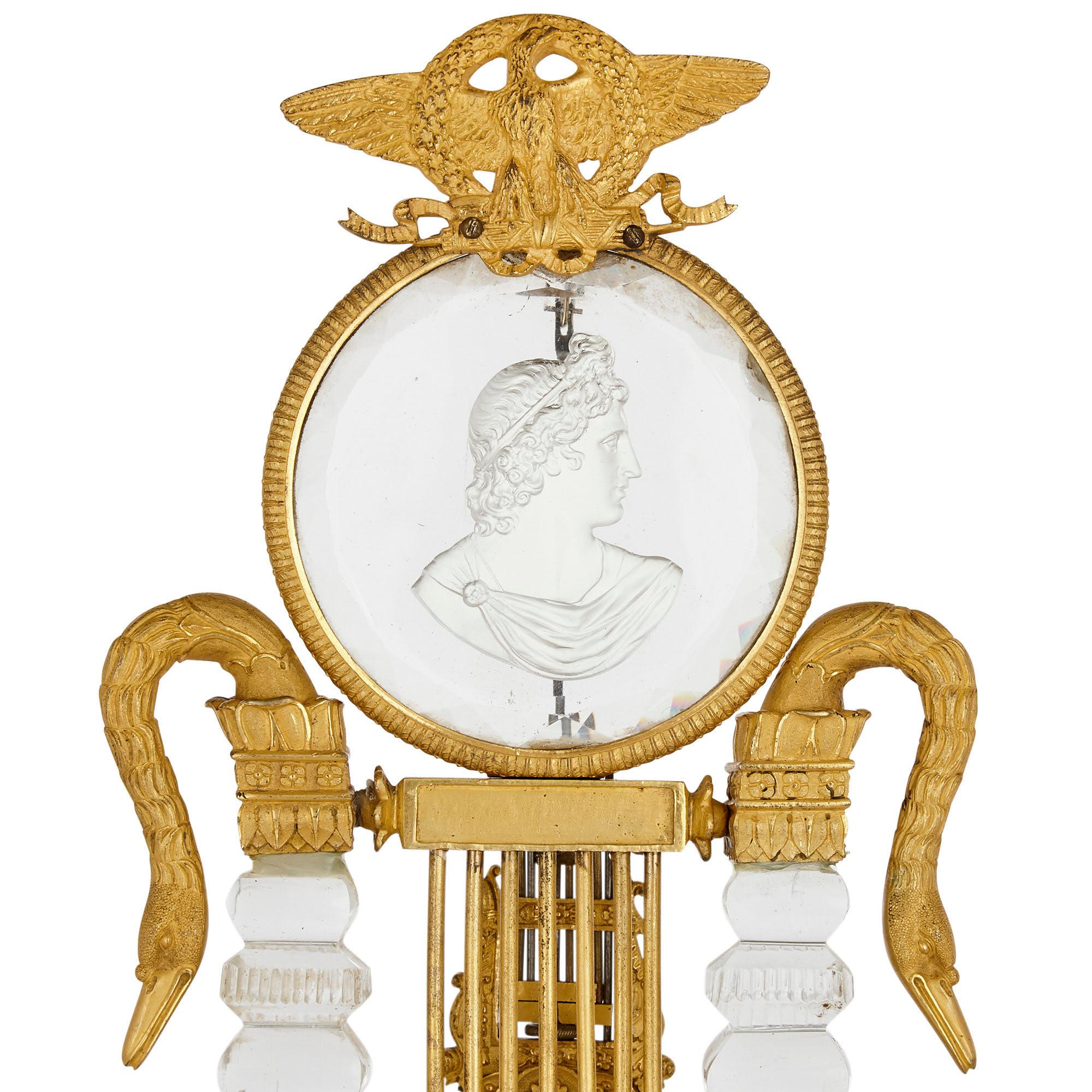 French Restauration Gilt Bronze Mounted Crystal Lyre Mantel Clock For Sale