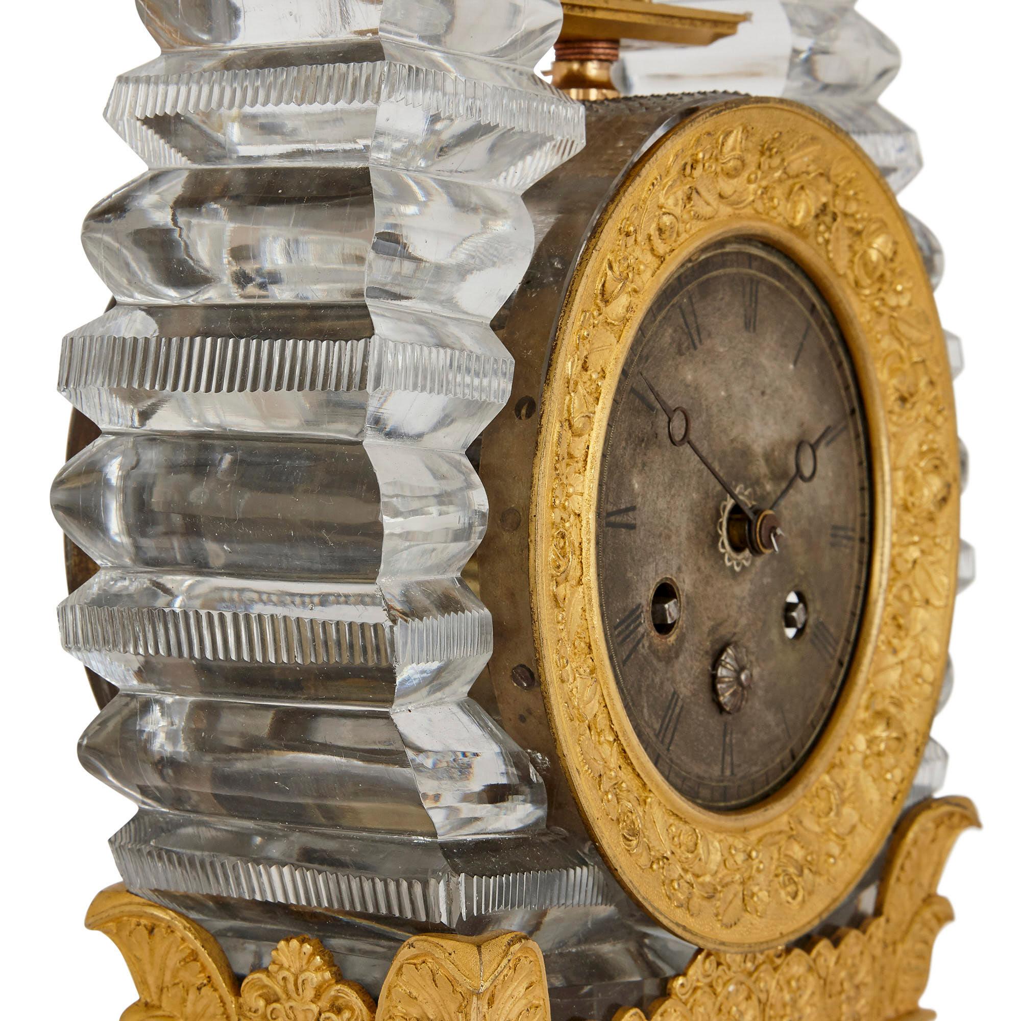 19th Century Restauration Gilt Bronze Mounted Crystal Lyre Mantel Clock For Sale