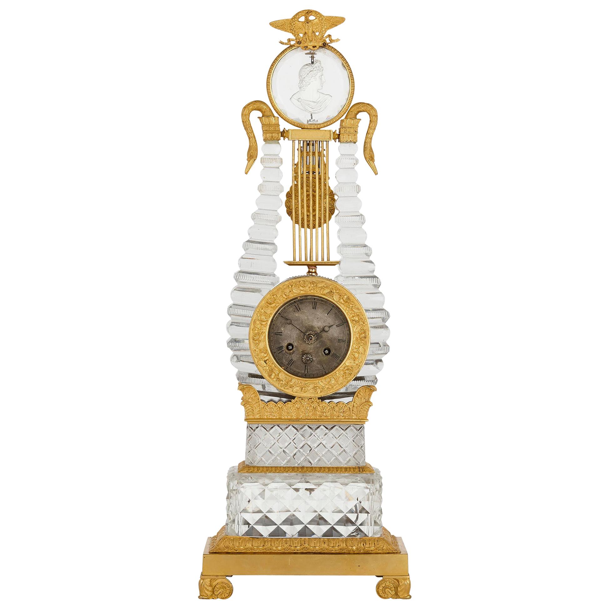 Restauration Gilt Bronze Mounted Crystal Lyre Mantel Clock