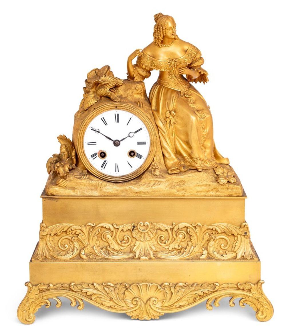 Mid-19th Century Restauration Gilt Metal Figural Clock For Sale