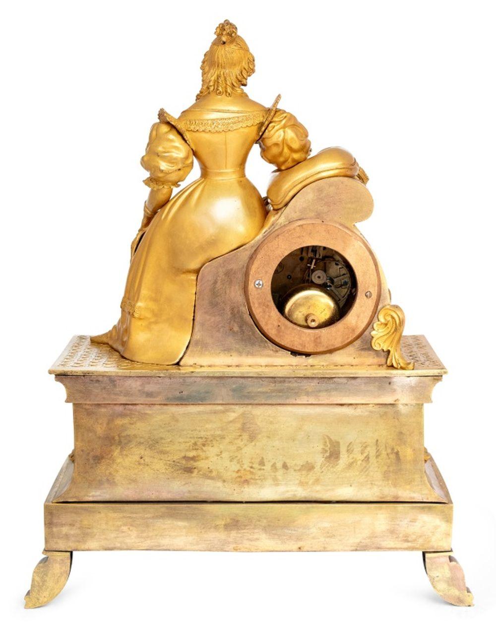 Restauration Gilt Metal Figural Mantel Clock In Good Condition For Sale In Astoria, NY