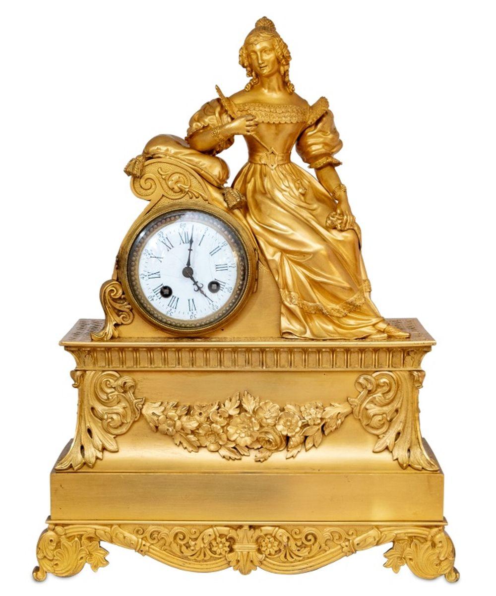 Mid-19th Century Restauration Gilt Metal Figural Mantel Clock For Sale
