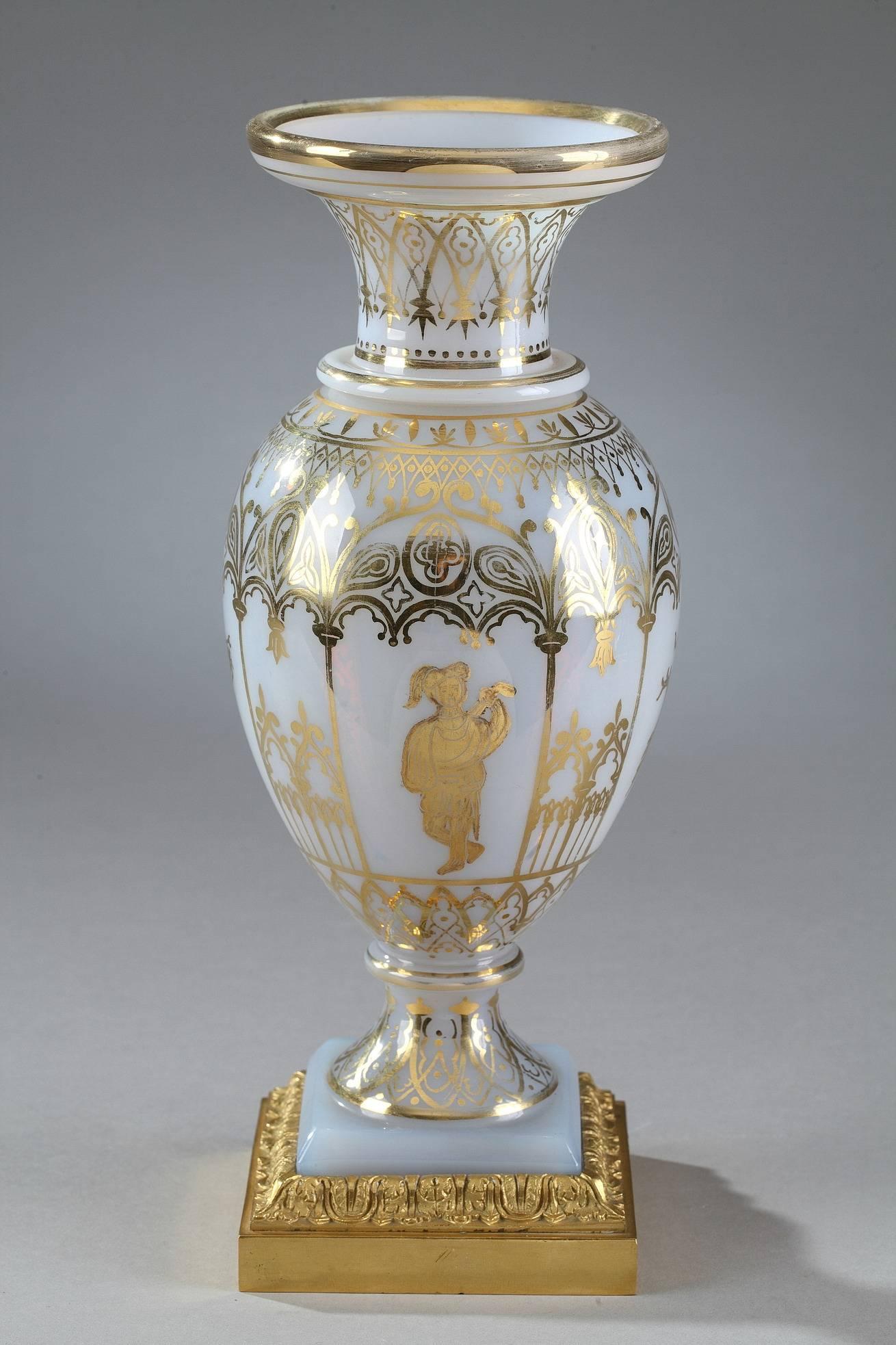 Painted Restauration Opaline Glass Vases by Jean-Baptiste Desvignes For Sale