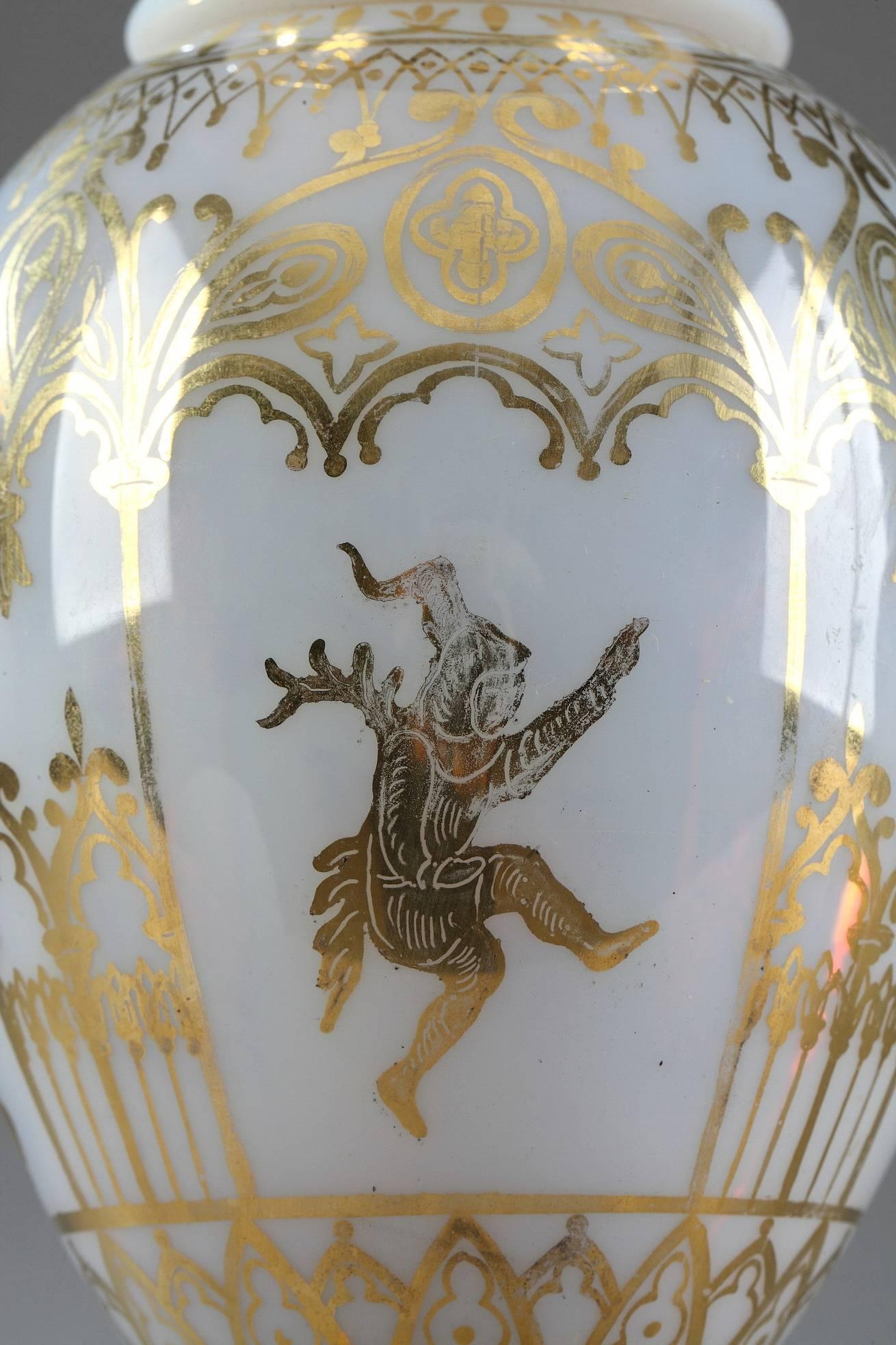 Bronze Restauration Opaline Glass Vases by Jean-Baptiste Desvignes For Sale