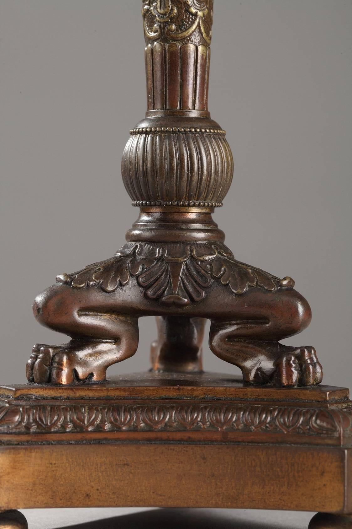 19th Century Restauration Patinated Bronze Candlesticks For Sale