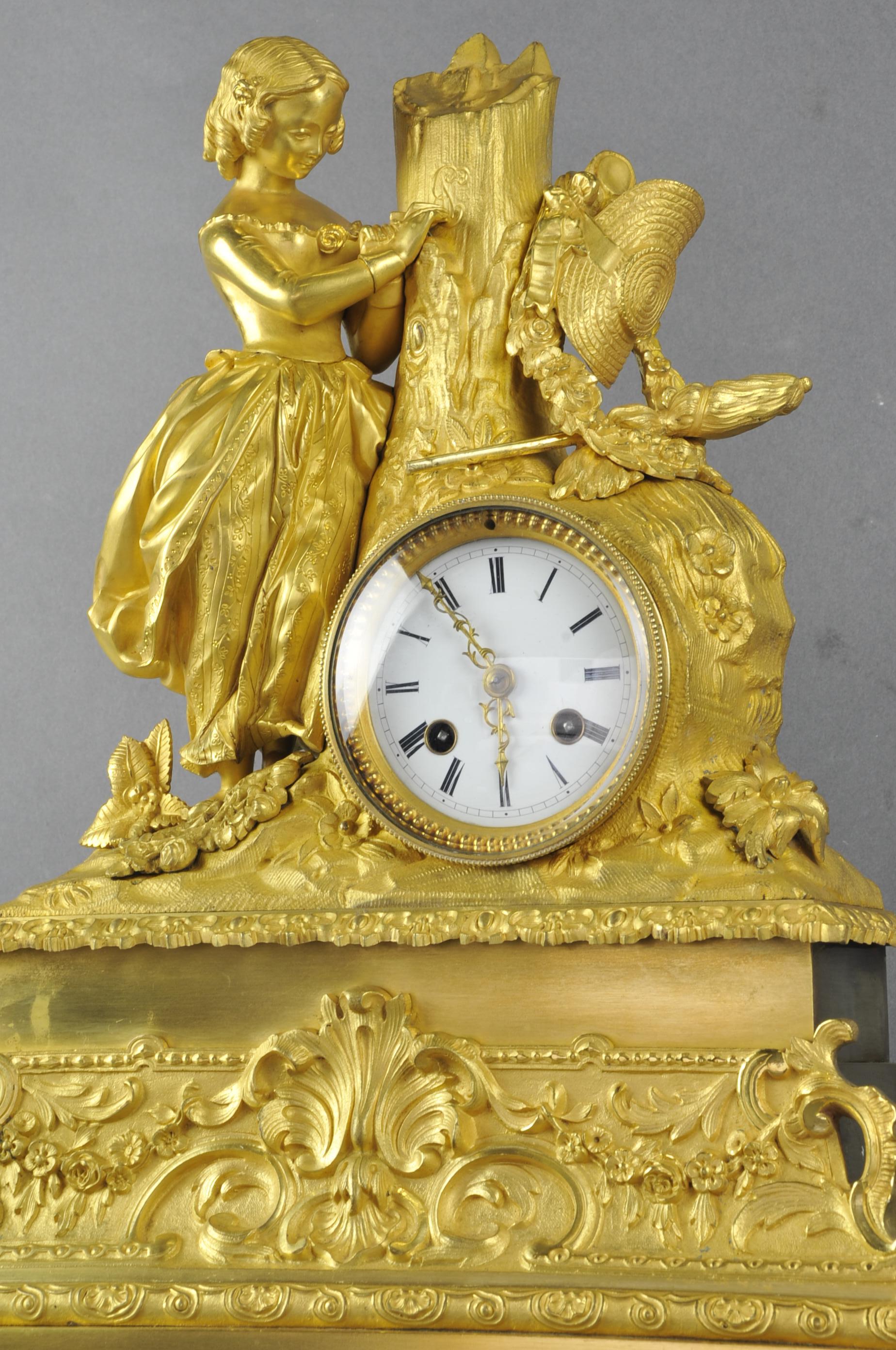 Restauration Period Clock in Gilt Bronze, Romantic School For Sale 1