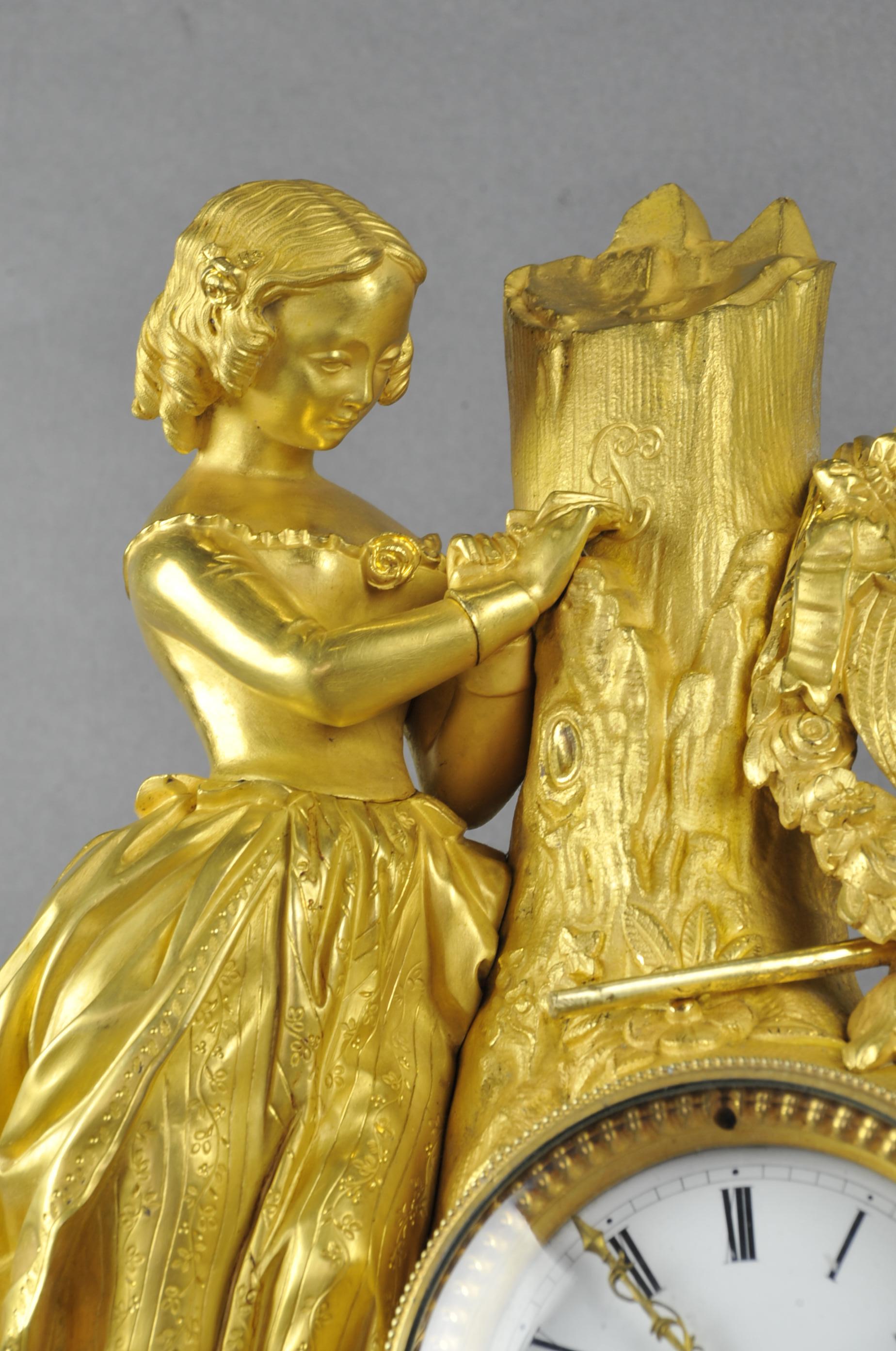 Restauration Period Clock in Gilt Bronze, Romantic School For Sale 2