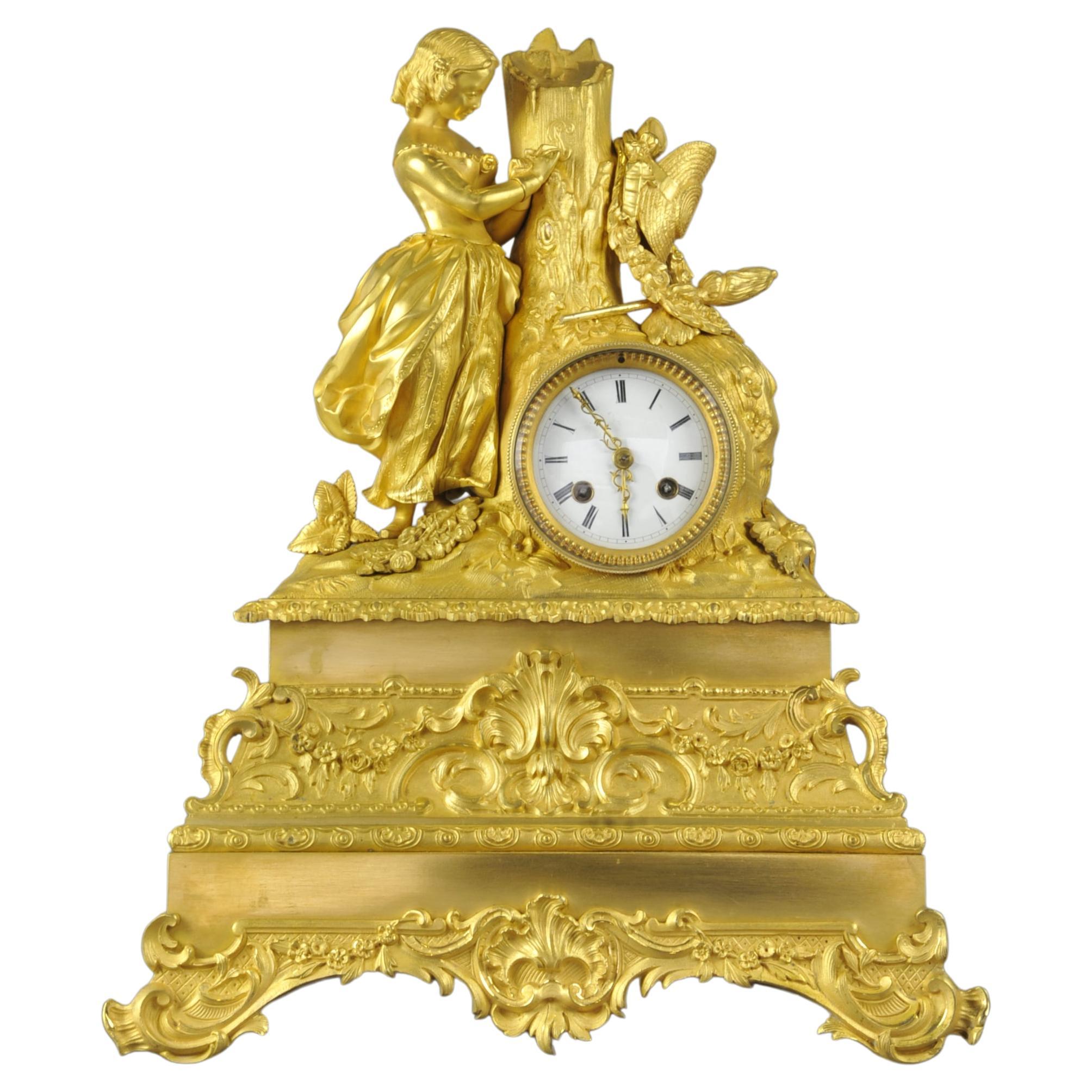 Restauration Period Clock in Gilt Bronze, Romantic School For Sale