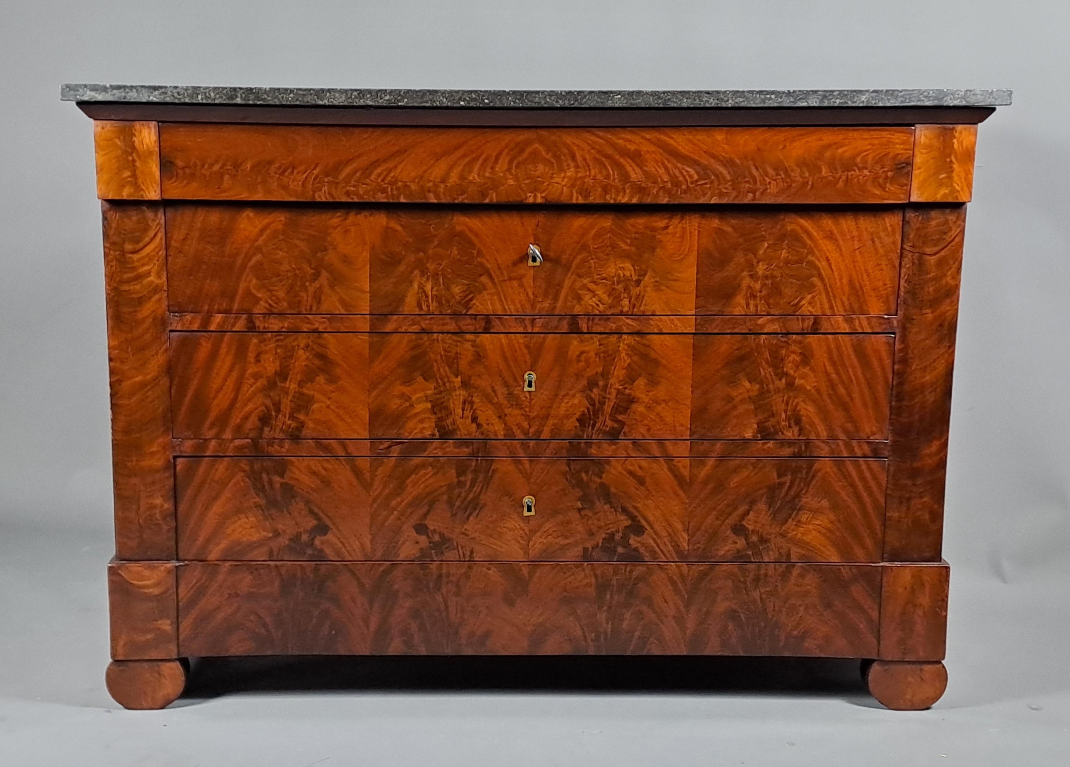 Marquetry Restauration Period Commode In Flamed Mahogany For Sale
