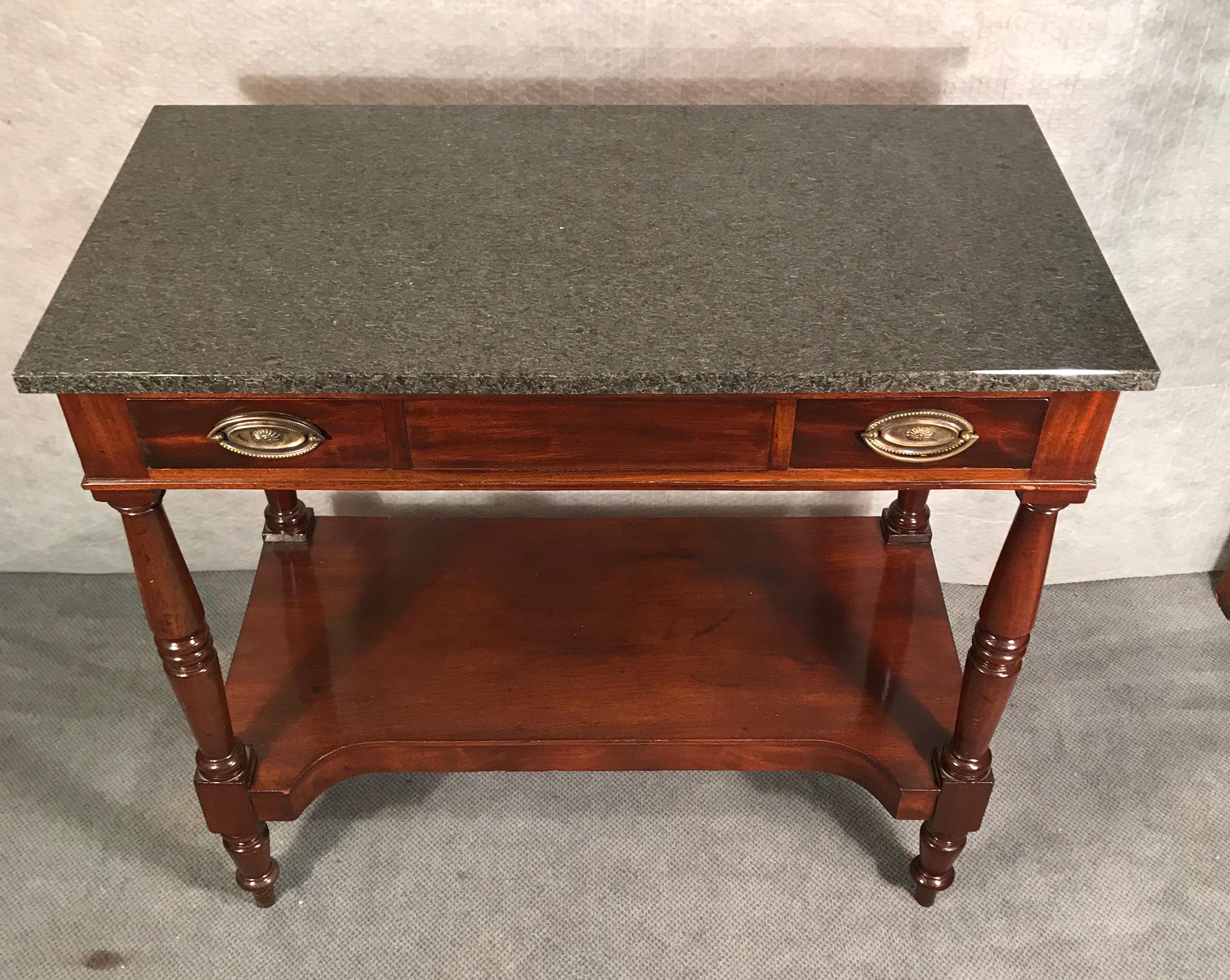 Restauration period console table, France, 1820-1830, mahogany veneer with Marble top, in very good condition. The table will be shipped from Germany, shipping costs to Boston are included.