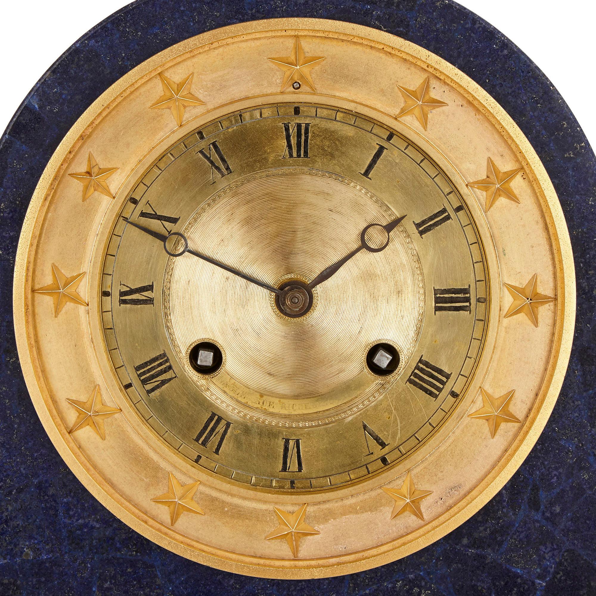 French Restauration Period Gilt Bronze Mounted Lapis Mantel Clock For Sale