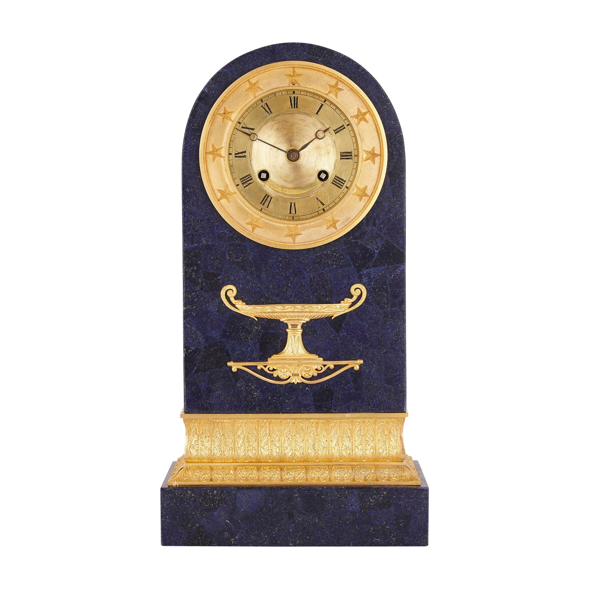 Restauration Period Gilt Bronze Mounted Lapis Mantel Clock For Sale