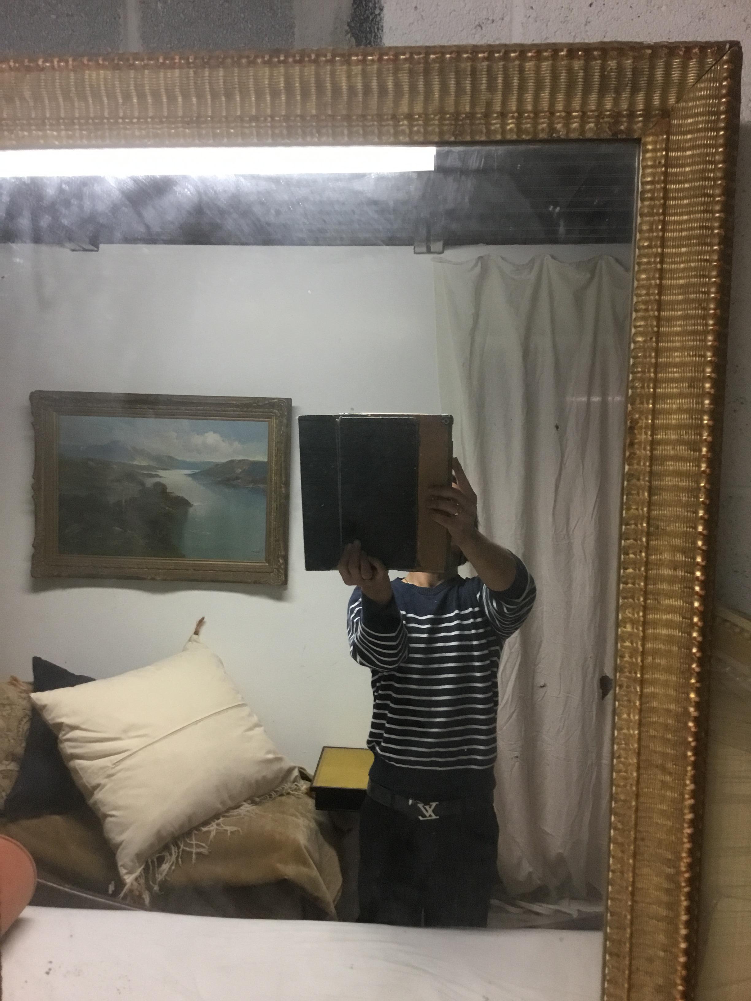 Restauration Period Gilt Mirror in Basket Weave Trim Pattern Frame at