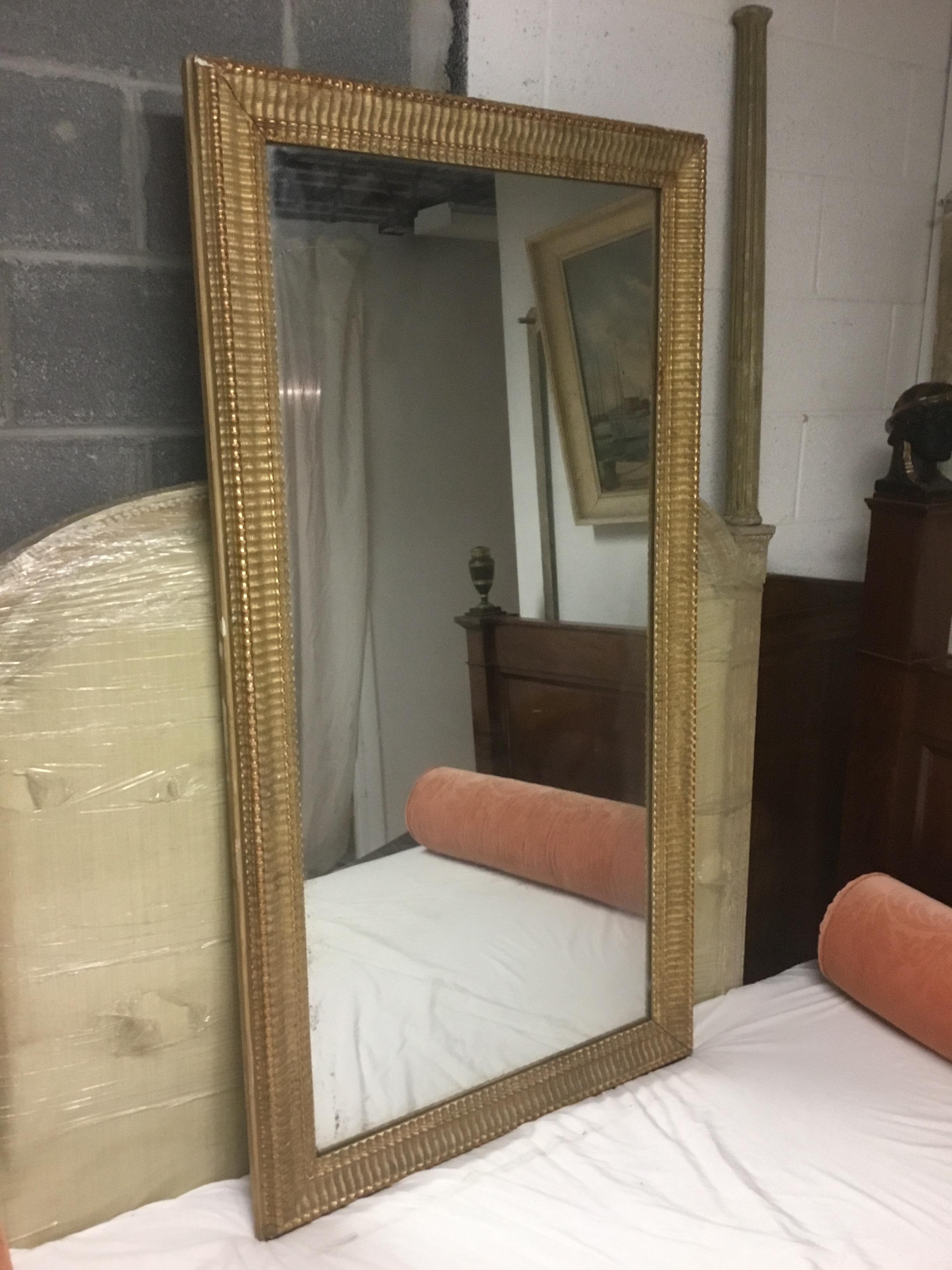 Restauration Period Gilt Mirror in Basket Weave Trim Pattern Frame at