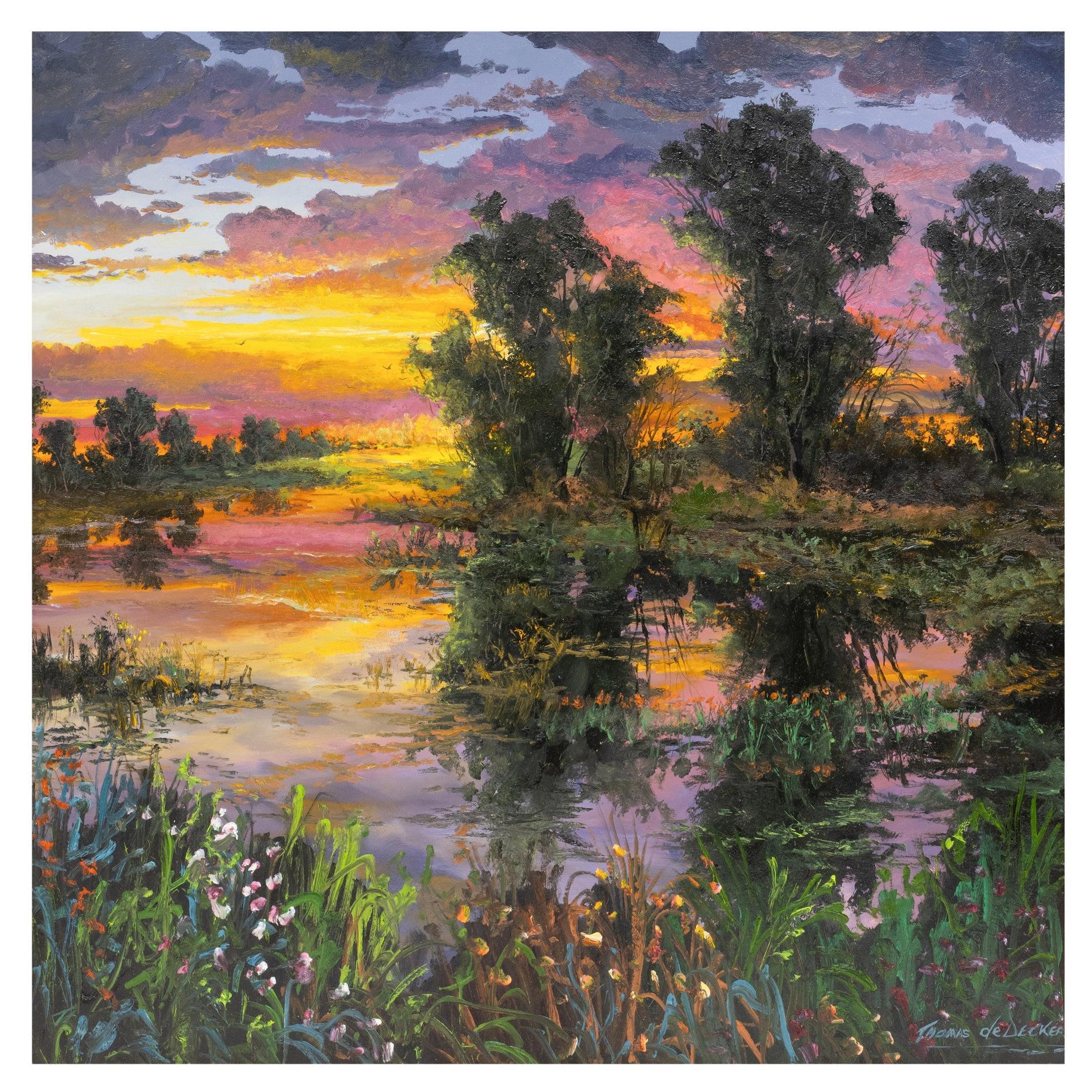 Atardecer tranquilo cuadro original de Thomas DeDecker. Óleo sobre tabla. Cuadro grande y luminoso realizado en el estilo impresionista suelto característico de deDecker. Representa un estanque pantanoso rodeado de exuberante follaje y árboles con