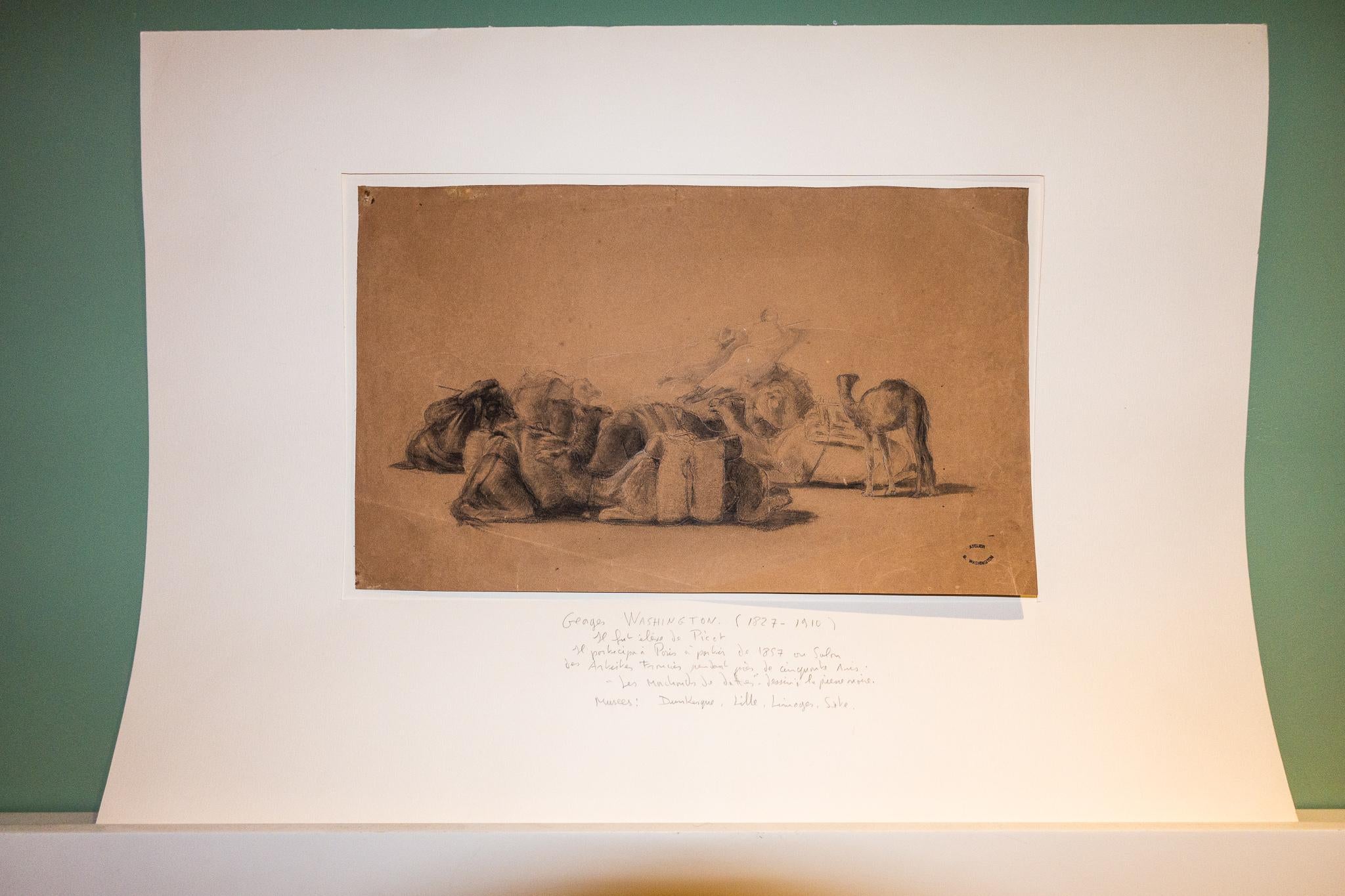 Resting camel drawing on paper by Georges Washington, stamped 