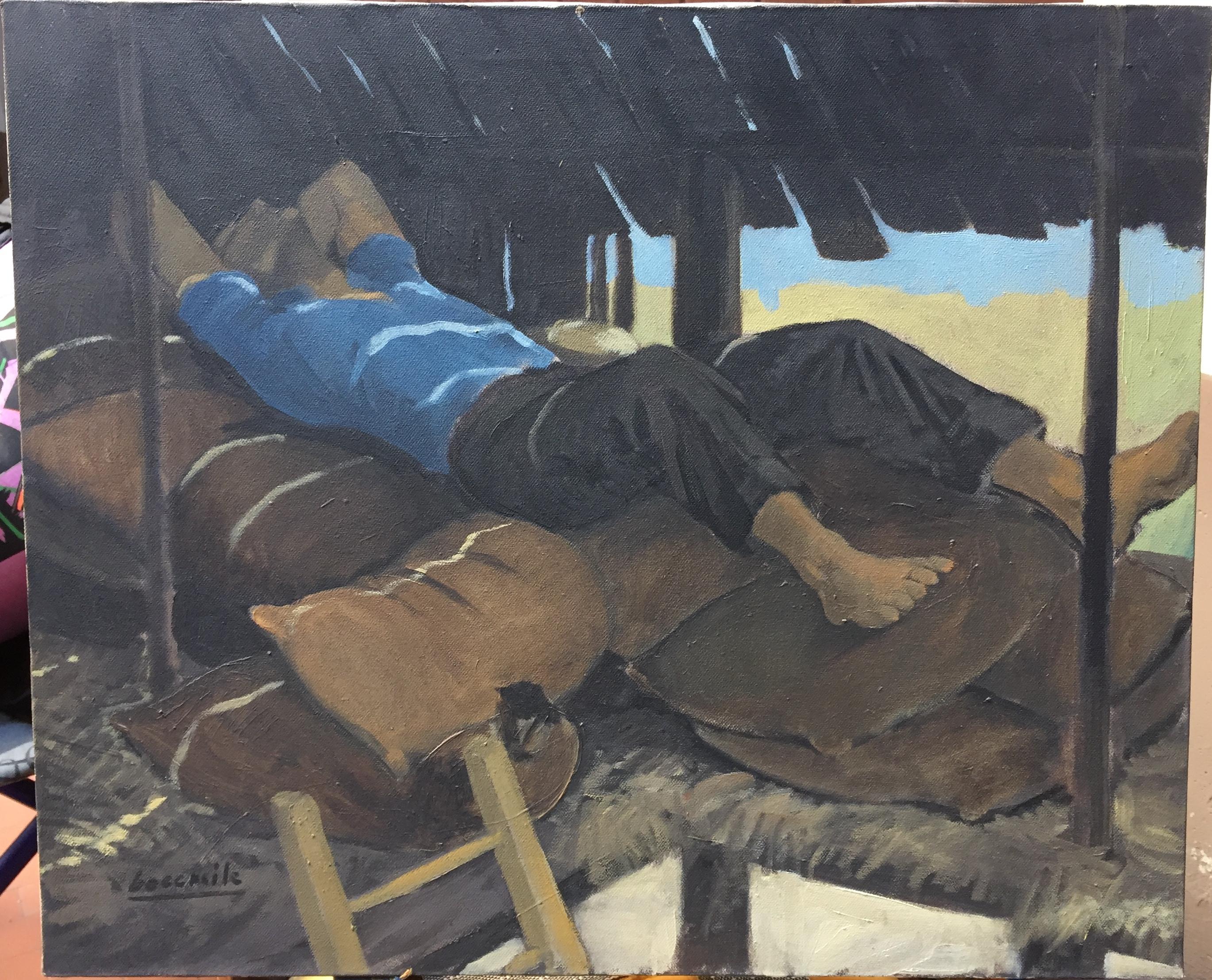 Hand-Painted Resting Farmer Italian Figurative Painting by Bocassile, 1978 circa For Sale
