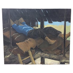 Peinture figurative italienne représentant un fermier en train de se reposer par Bocassile, 1978
