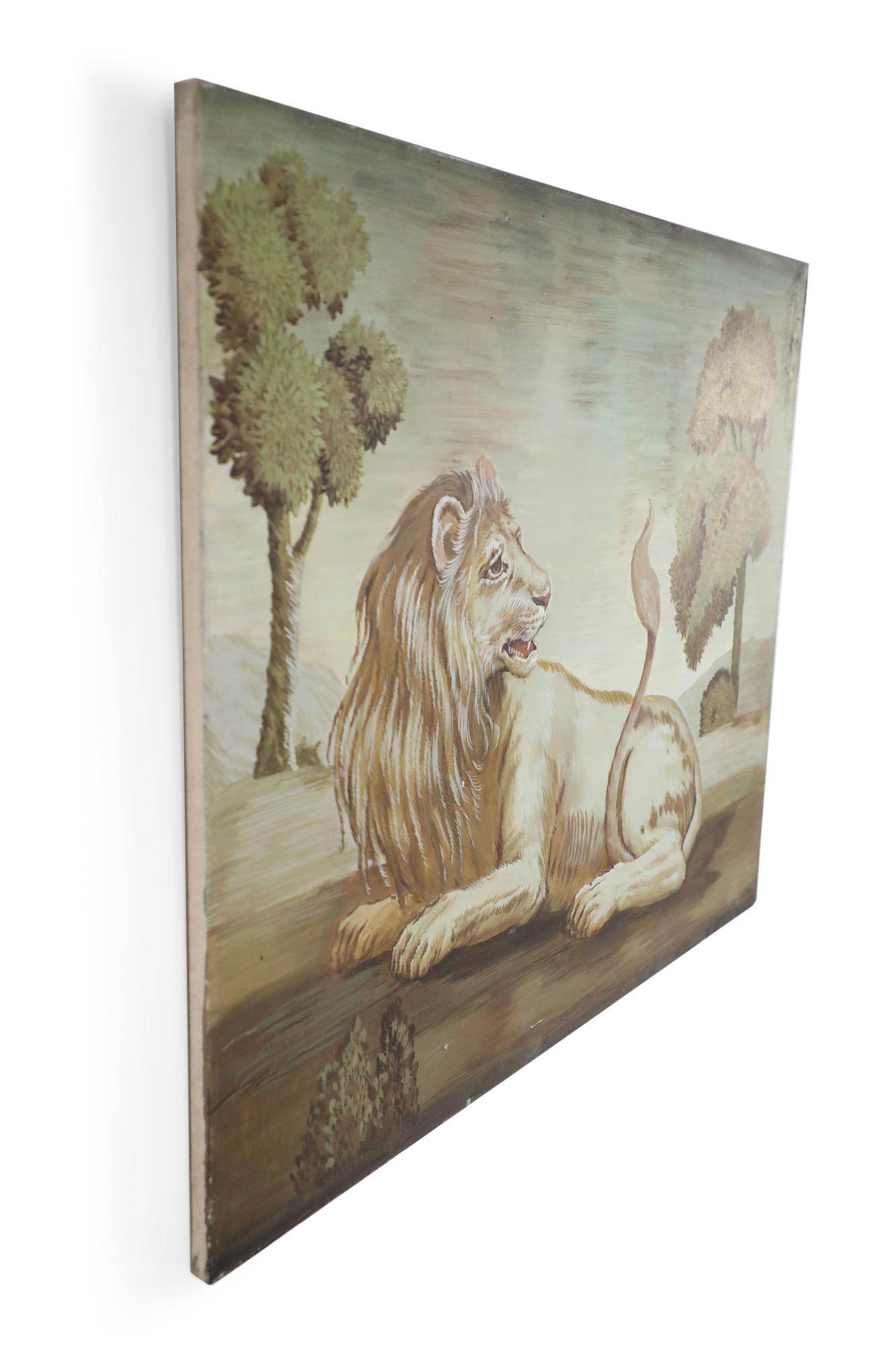 Mid-Century Modern Resting Lion Painting Oil Painting on Canvas For Sale