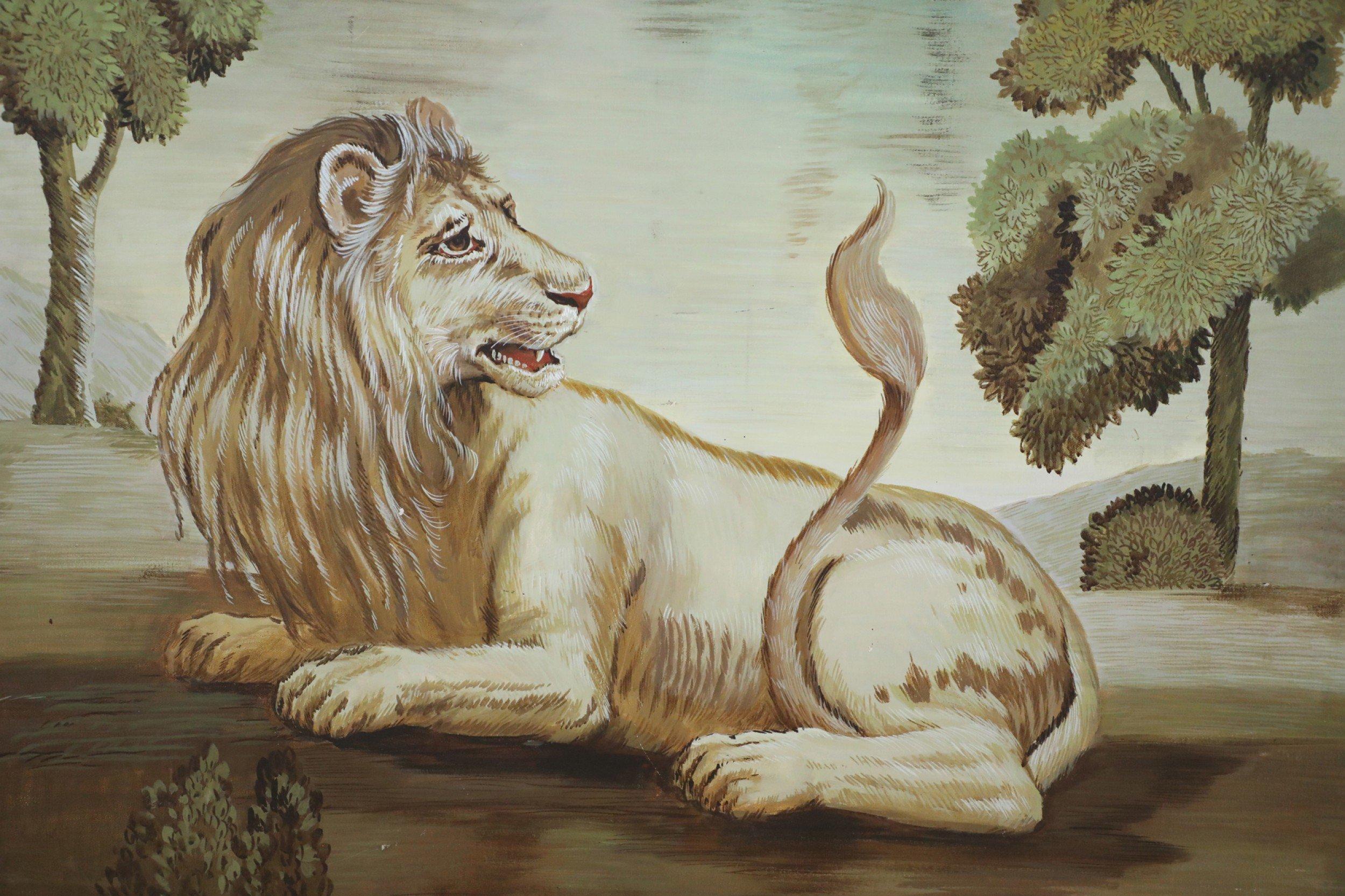 Américain Peinture à l'huile sur toile - Lion en train de se reposer en vente
