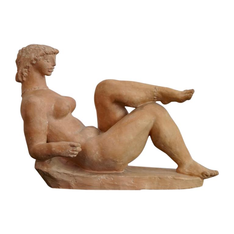 Resting Woman Terracotta Sculpture by Jenő Kerényi, 1961