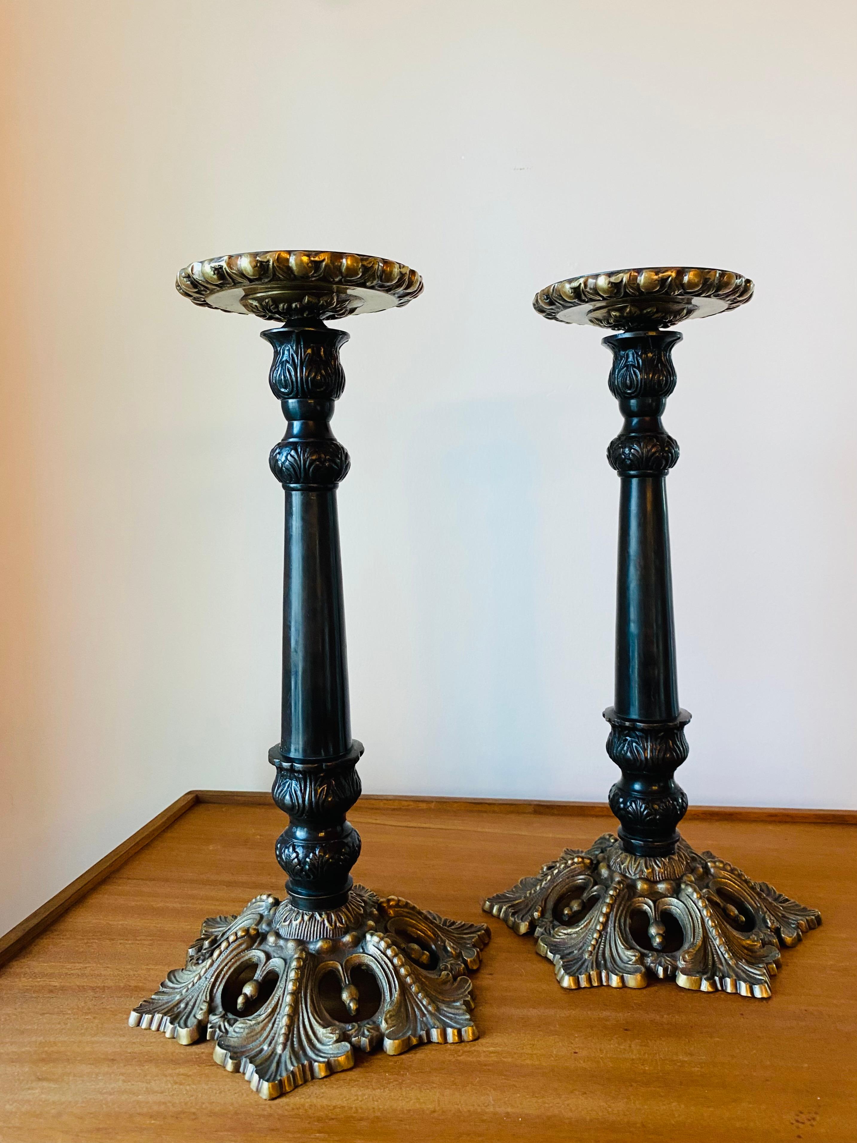 Neoclassical Revival Restoration Era Style Pair of Bronze Ornate Candleholders by Maitland Smith