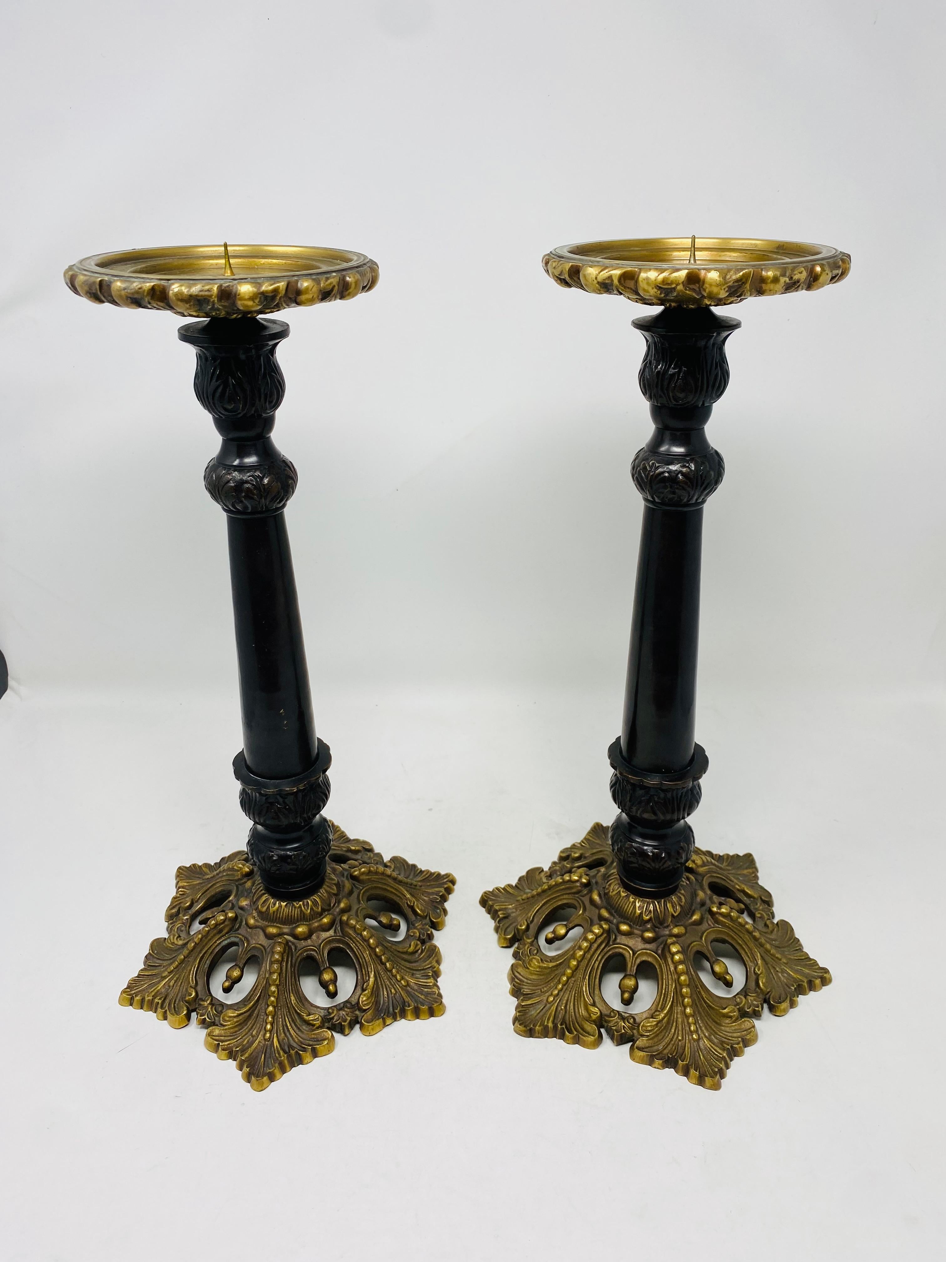 American Restoration Era Style Pair of Bronze Ornate Candleholders by Maitland Smith