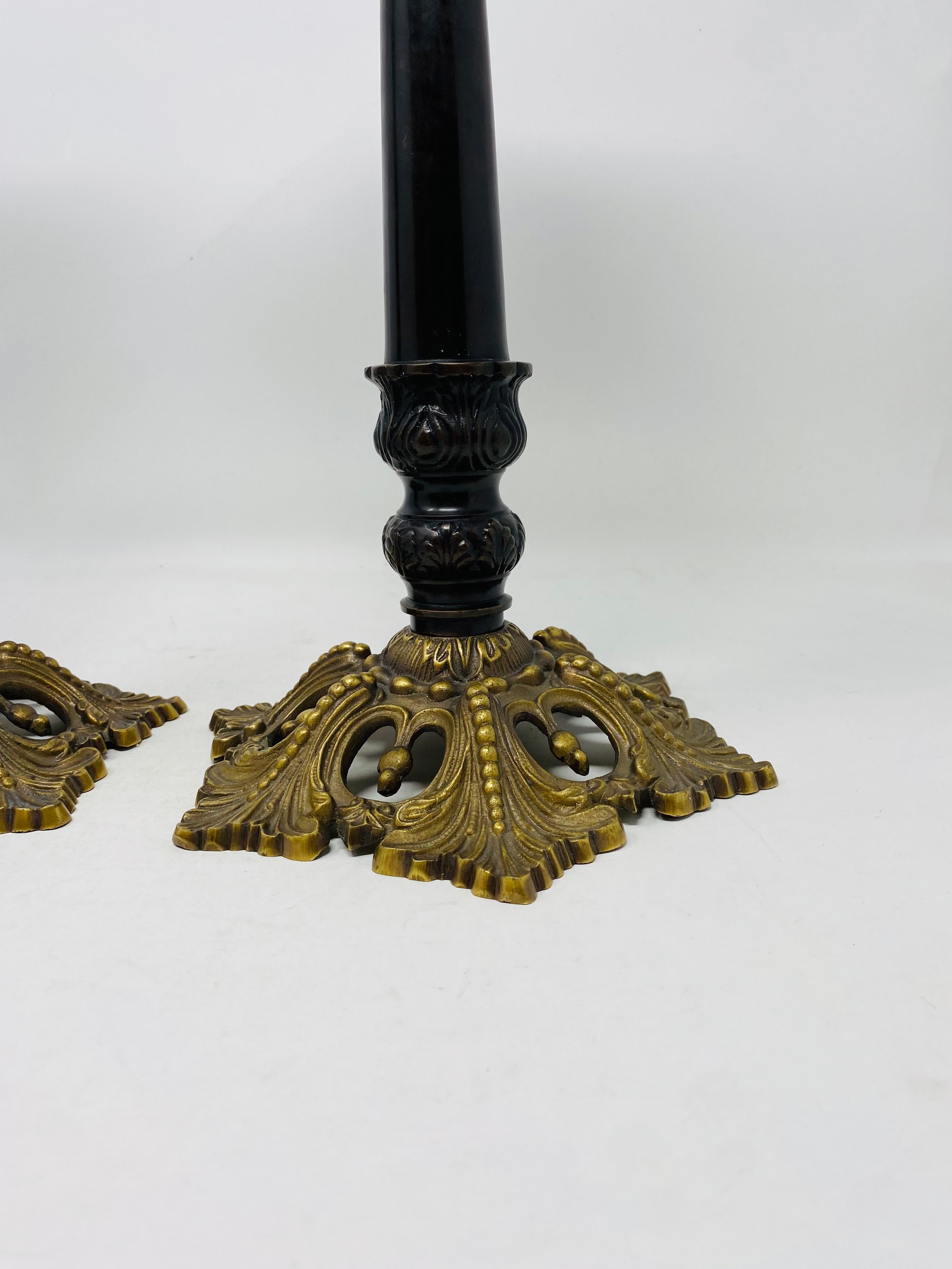 Cast Restoration Era Style Pair of Bronze Ornate Candleholders by Maitland Smith