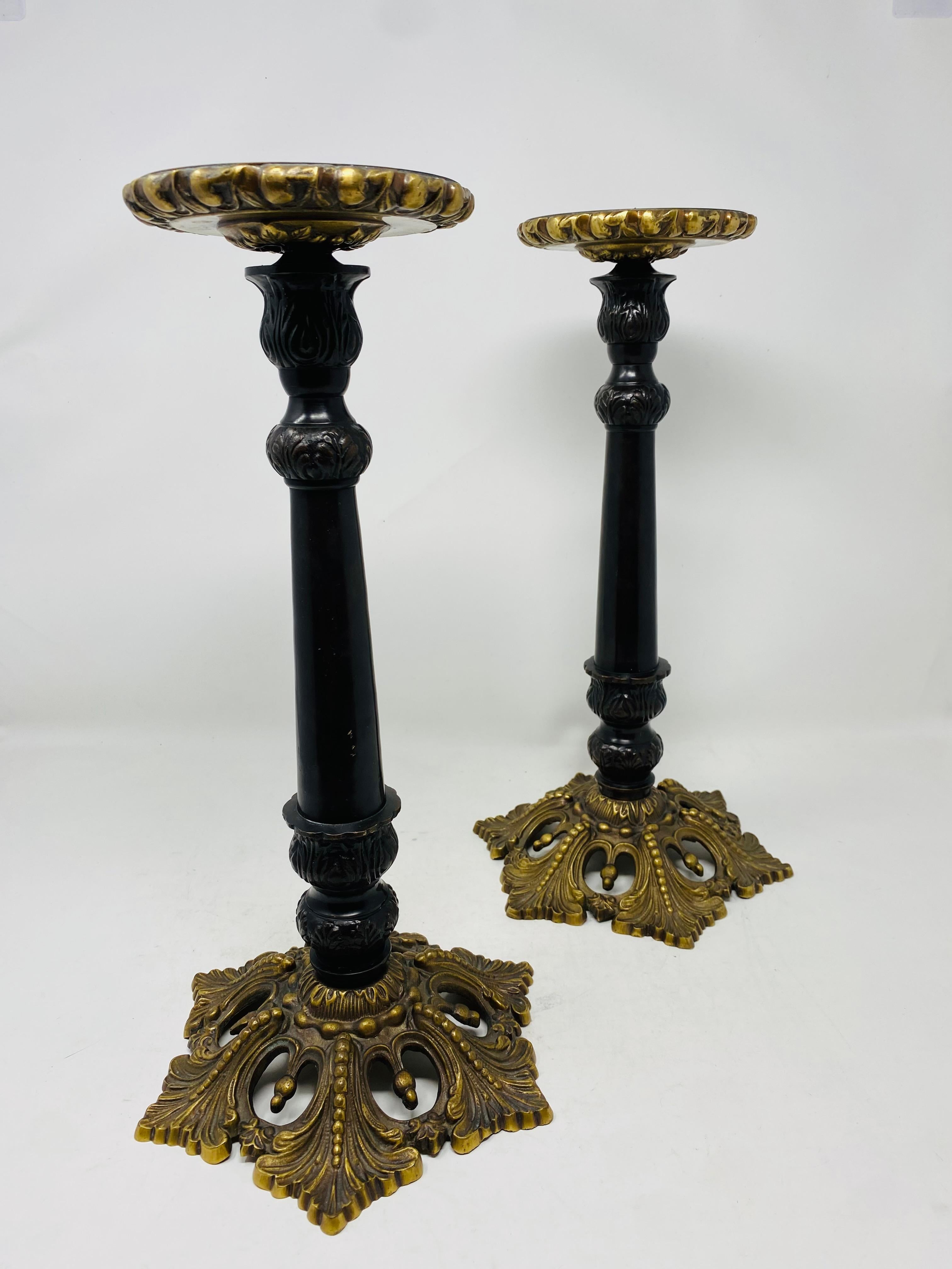 Late 20th Century Restoration Era Style Pair of Bronze Ornate Candleholders by Maitland Smith