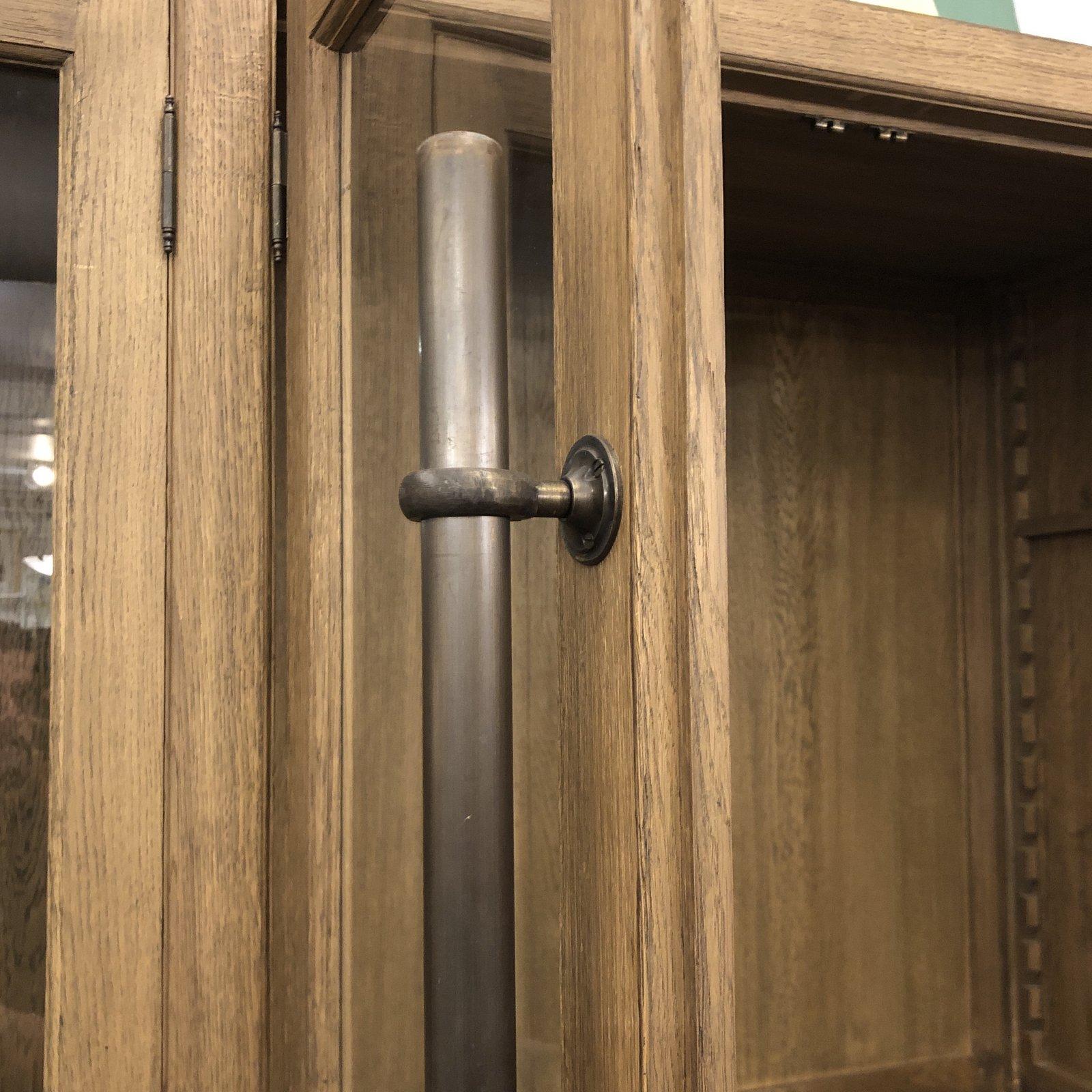 Contemporary Restoration Hardware Display English Brass Bar Pull Glass 4-Door Cabinet