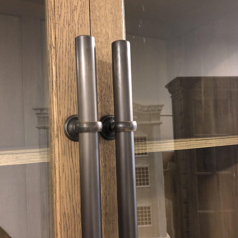 Restoration Hardware English Brass Bar Pull Glass Double-Door Cabinet For Sale at 1stdibs