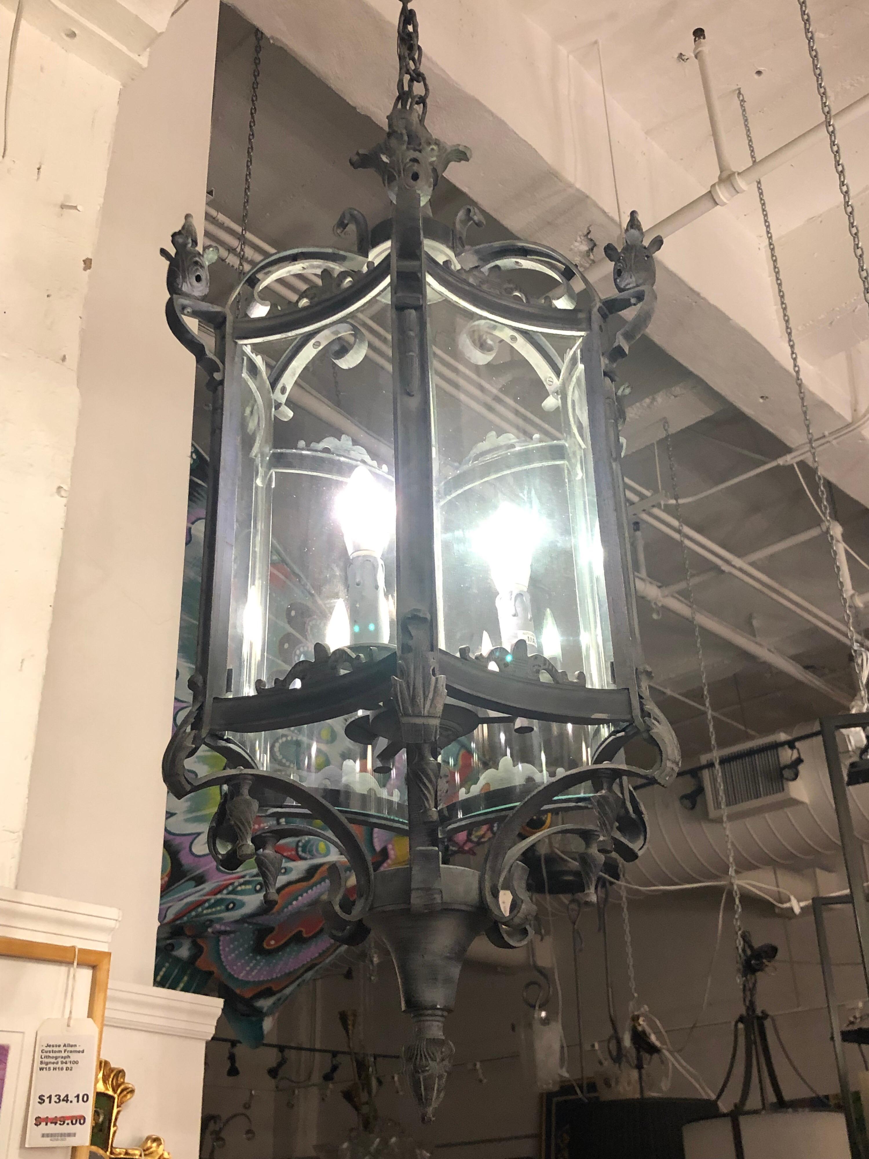 A 19th century 3ft Salerno Streetlight pendant by Restoration Hardware. The Salerno pendant is an updated version the 19th century Italian gas streetlights that once lighted the Amalfi Coast. Ornate metal frame in a zinc finish, six curved in glass